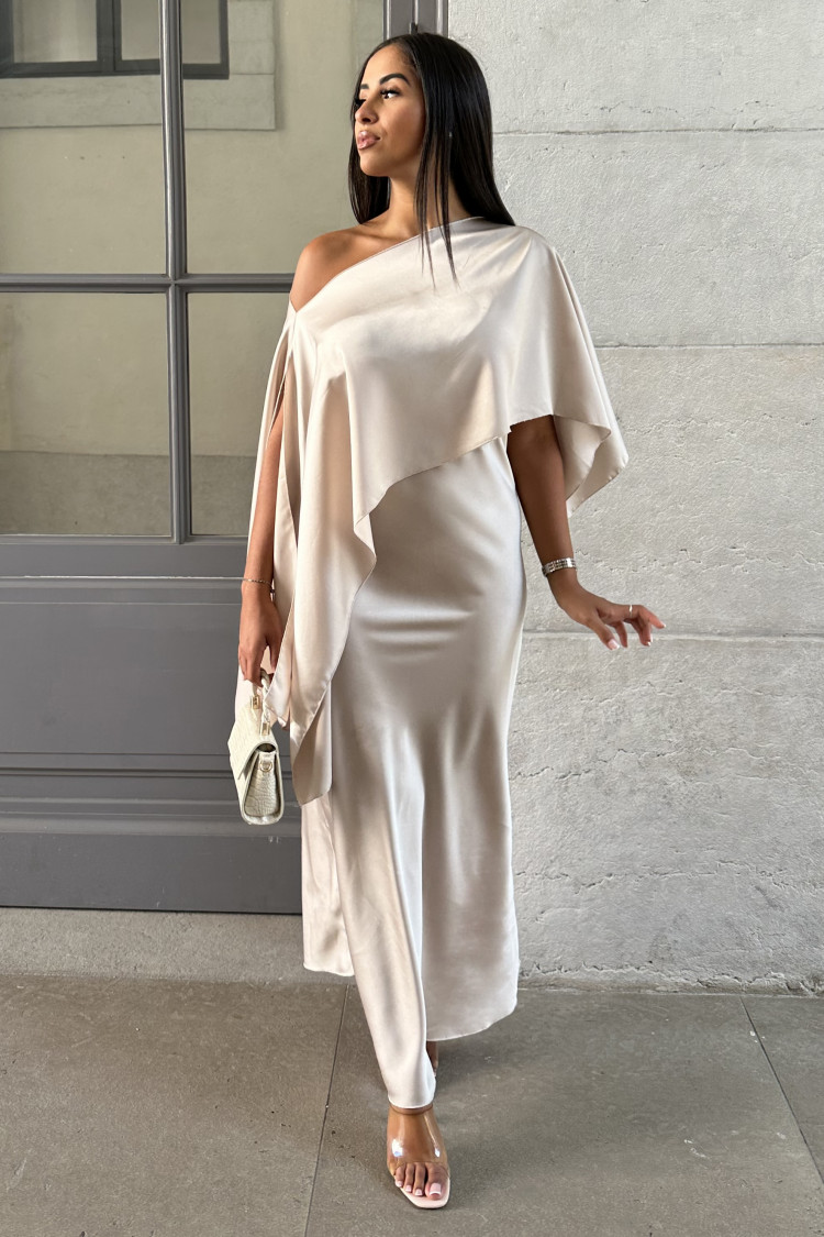 Ensemble 2 pièces robe + poncho satiné beige
