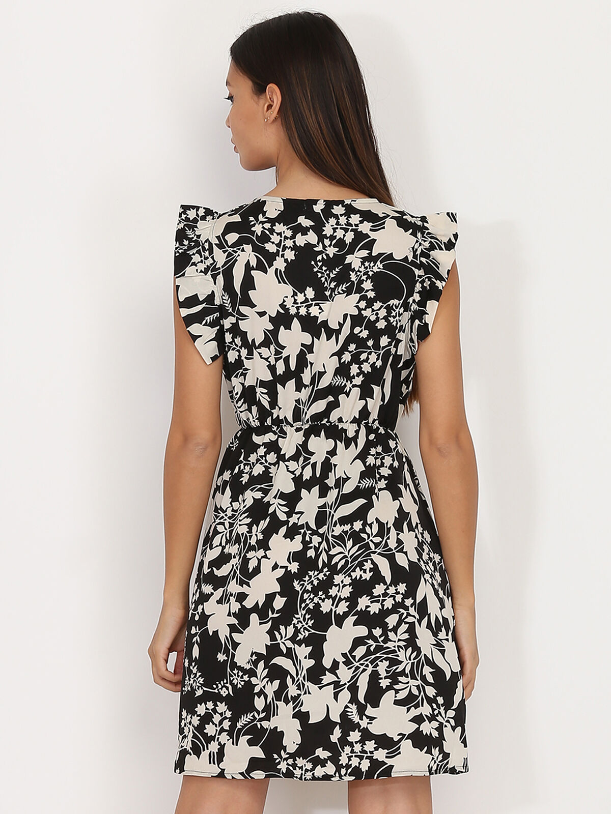 Robe volantée à feuilles- Noir