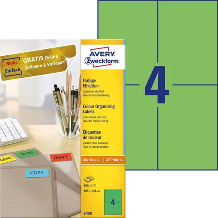 Avery Zweckform 3458 Farbige Etiketten,A4 105 x 148 mm, 100 Bogen/400 Etiketten, grün