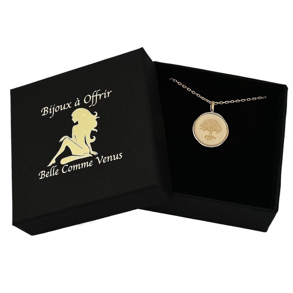 Collier pendentif arbre de vie médaille ronde Plaqué OR 750 3 microns