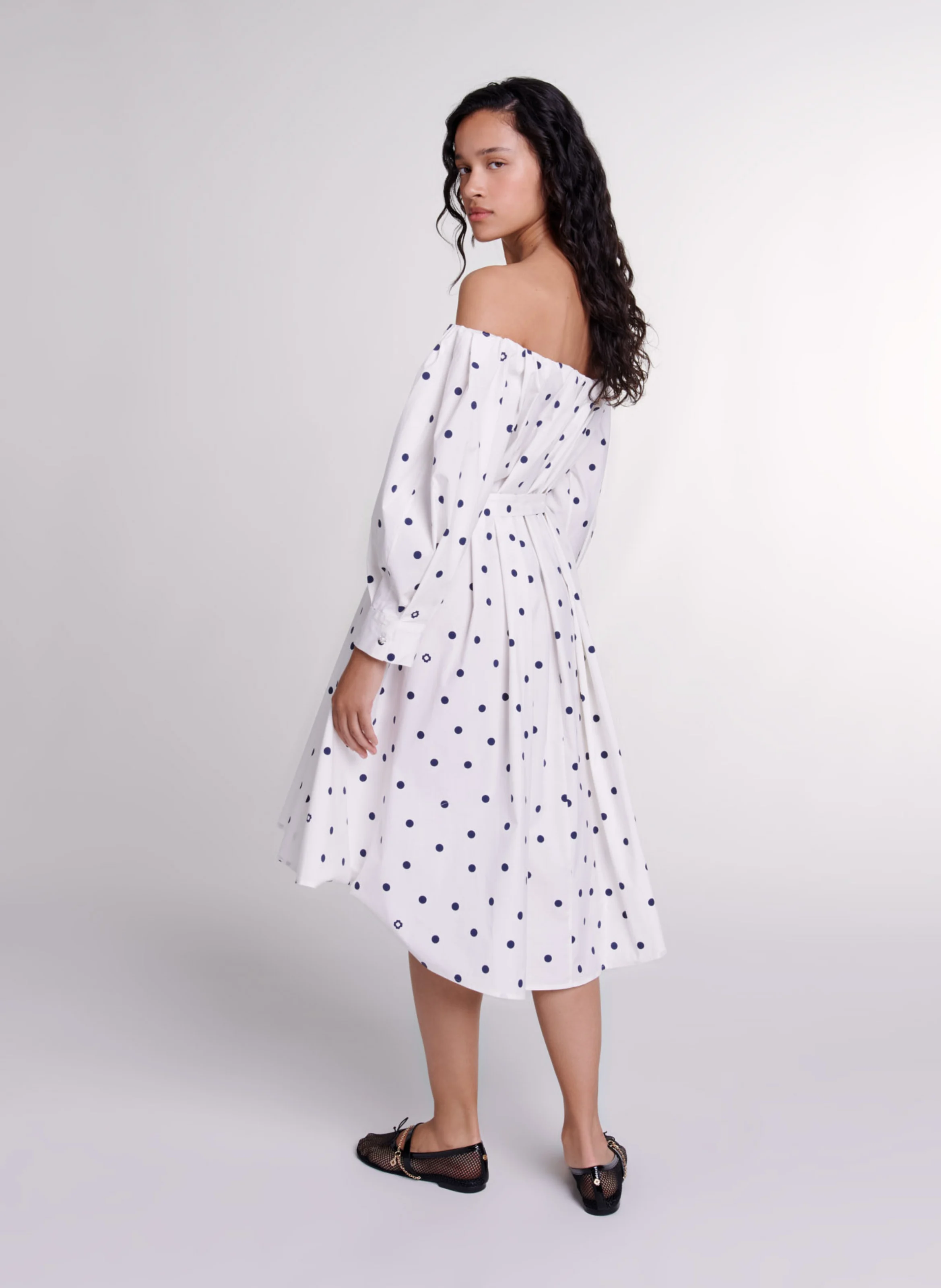 Robe chemise ajustée encolure bardot en coton mélangé imprimé | Multicolore