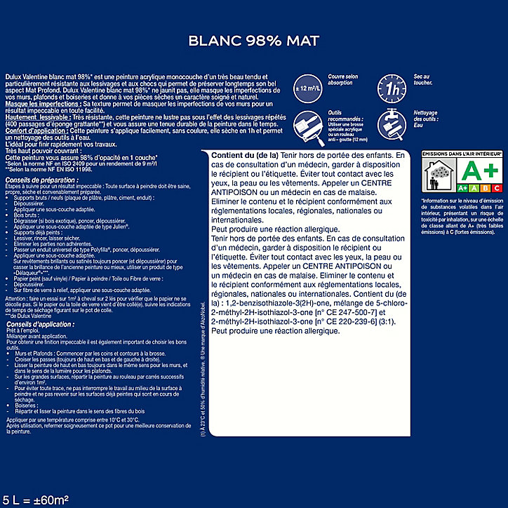 Peinture murs plafonds et boiseries Dulux Valentine 98% monocouche mat blanc 5L