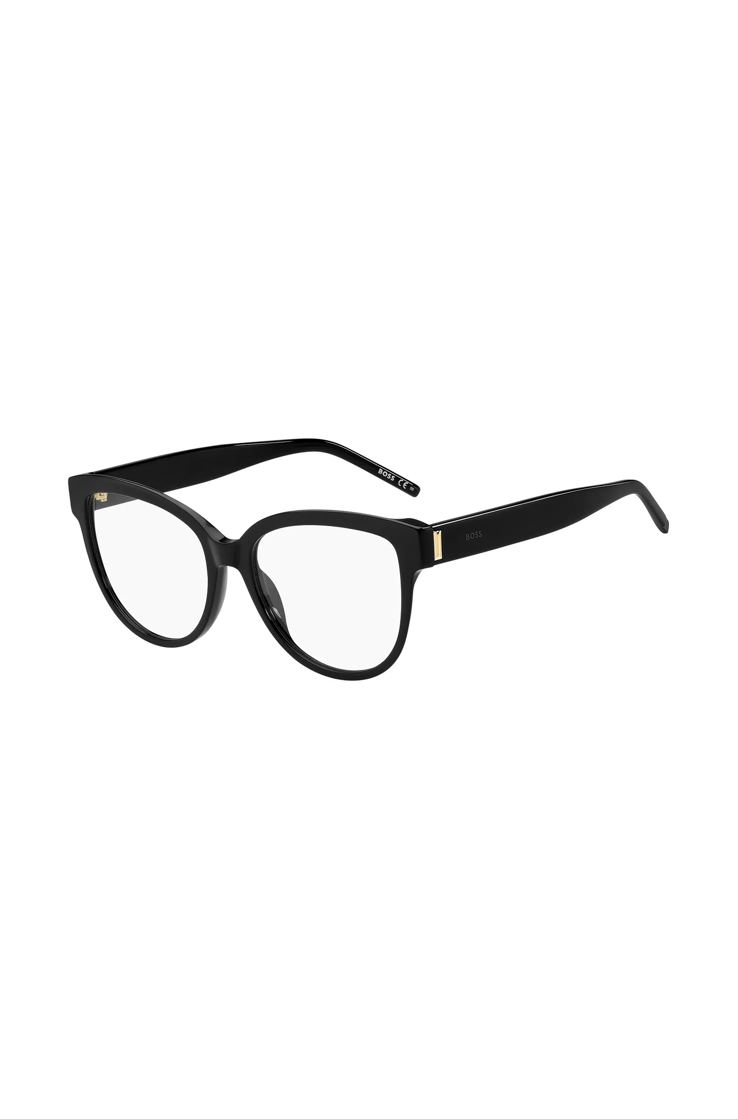 Armação de óculos BOSS em acetato preto com detalhes exclusivos.