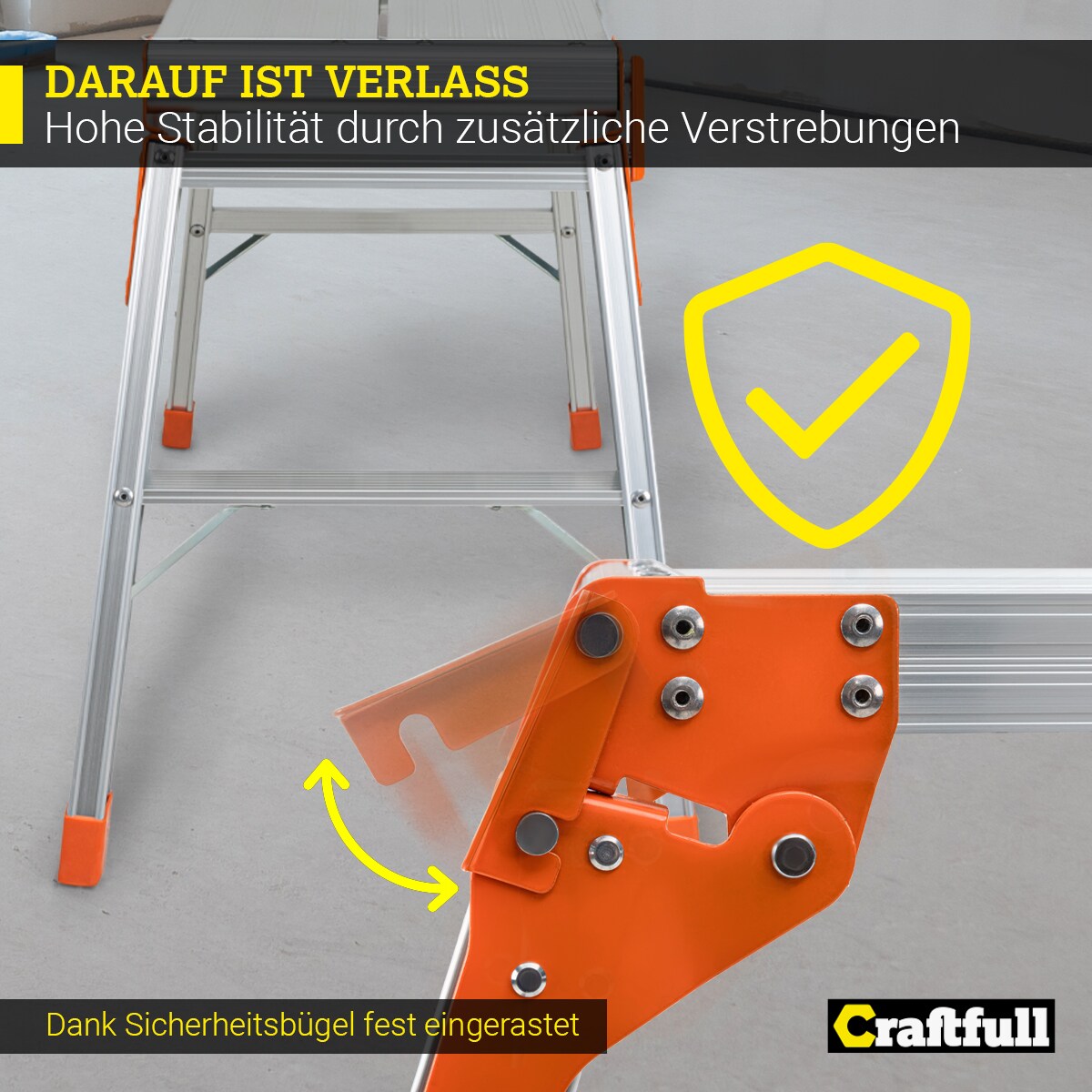 Craftfull Arbeitsplattform CF-107A, klappbar, Sicherheitsbügel, Arbeitspodest aus Aluminium, 150 kg (Silber/Orange)