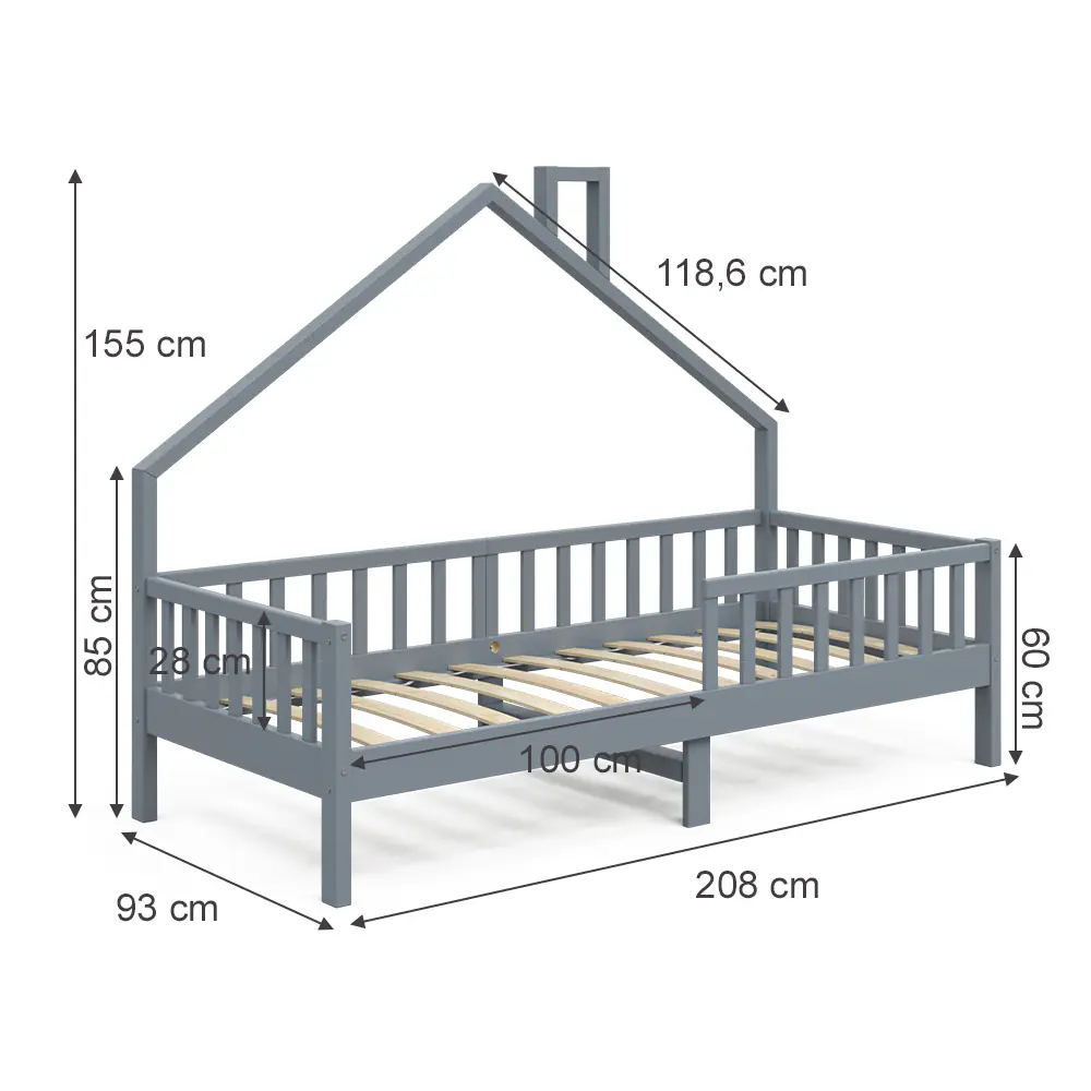 VitaliSpa Hausbett Kinderbett Spielbett Noemi 90x200cm Anthrazit Rausfallschutz