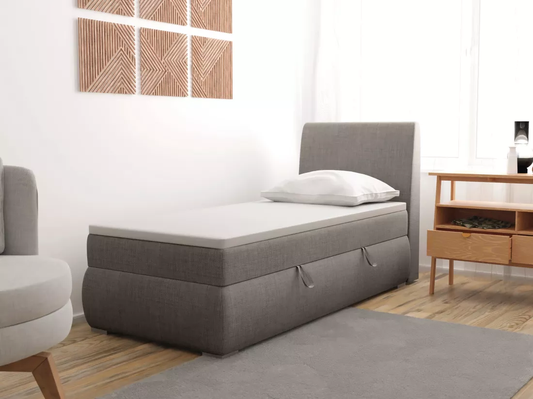 LIT BOXSPRING avec coffre de rangement Buffalo Mini côté droit 100x200 cm, Lux 06 (Gris)
