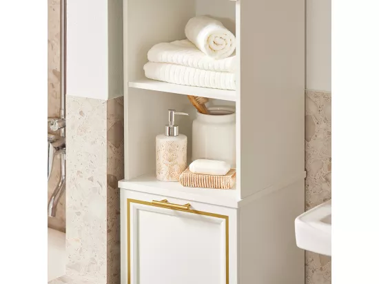 SoBuy Meuble Colonne de Salle de Bain Armoire Haute Étagère étroite de Salle de Bain Meuble de Rangement avec 2 Portes, 2 Compartiments Ouverts et 1 Panier à Linge 33x32x171 cm, BZR87-W