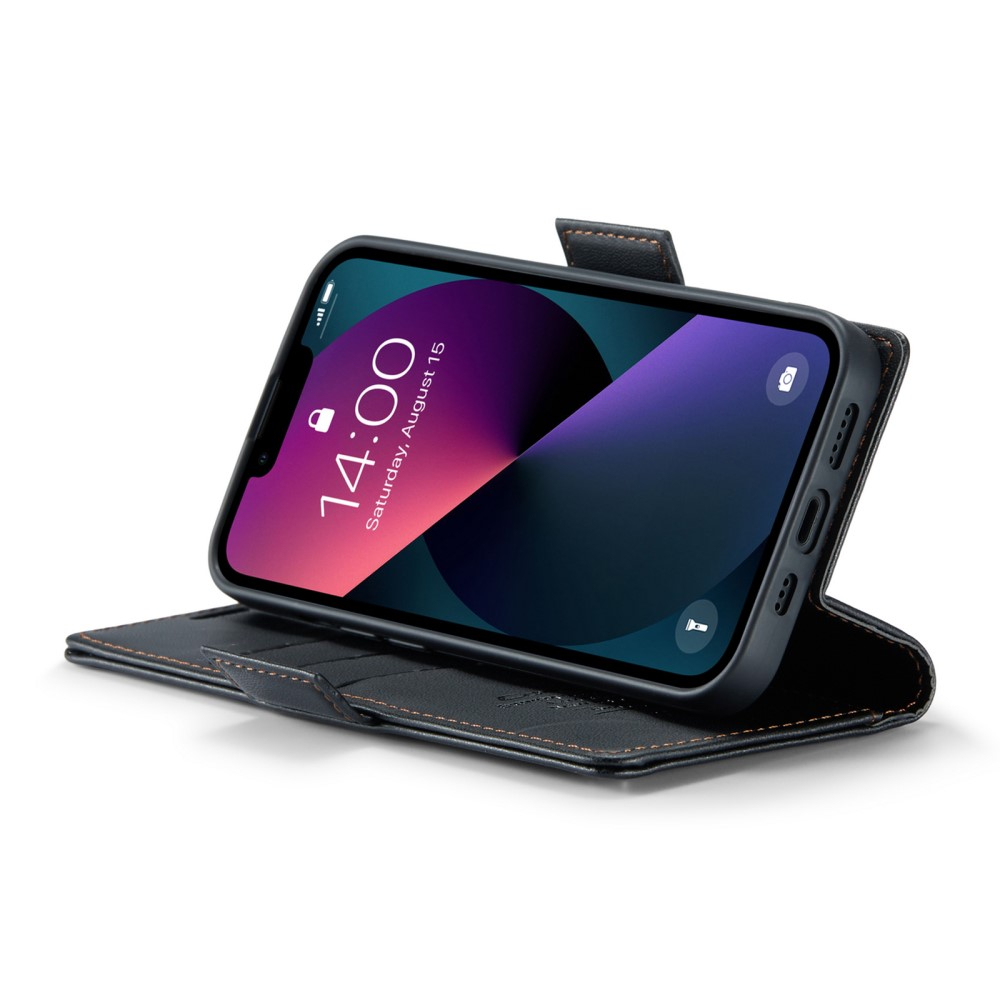 iPhone 14 Leder Tasche Flip Wallet Etui mit Kartenfächern Litchi Look (RFID Schutz) - Schwarz