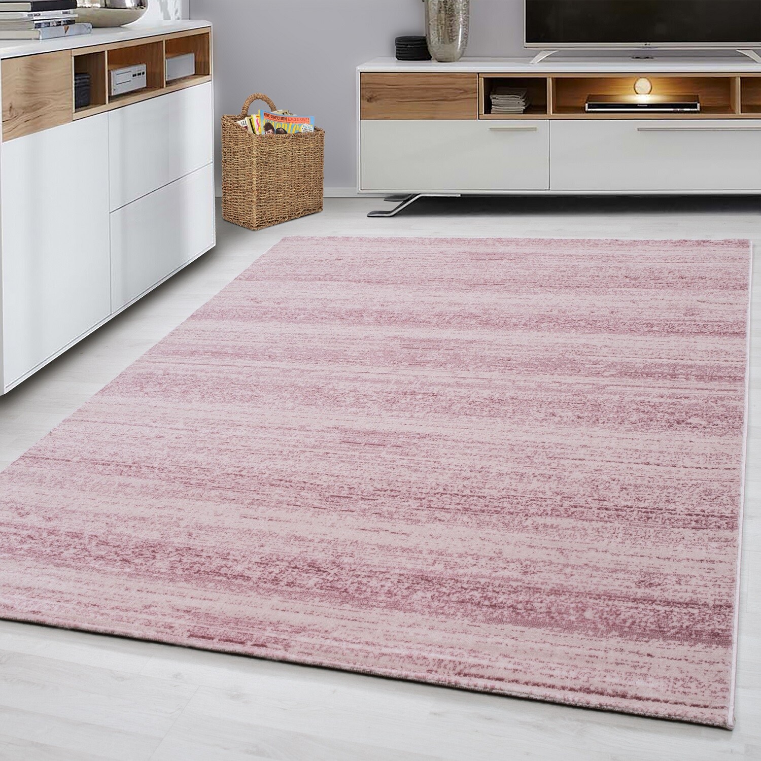 Teppich Kurzflor Modern Wohnzimmer Einfarbig Meliert Uni Pink Beige Grau Lila