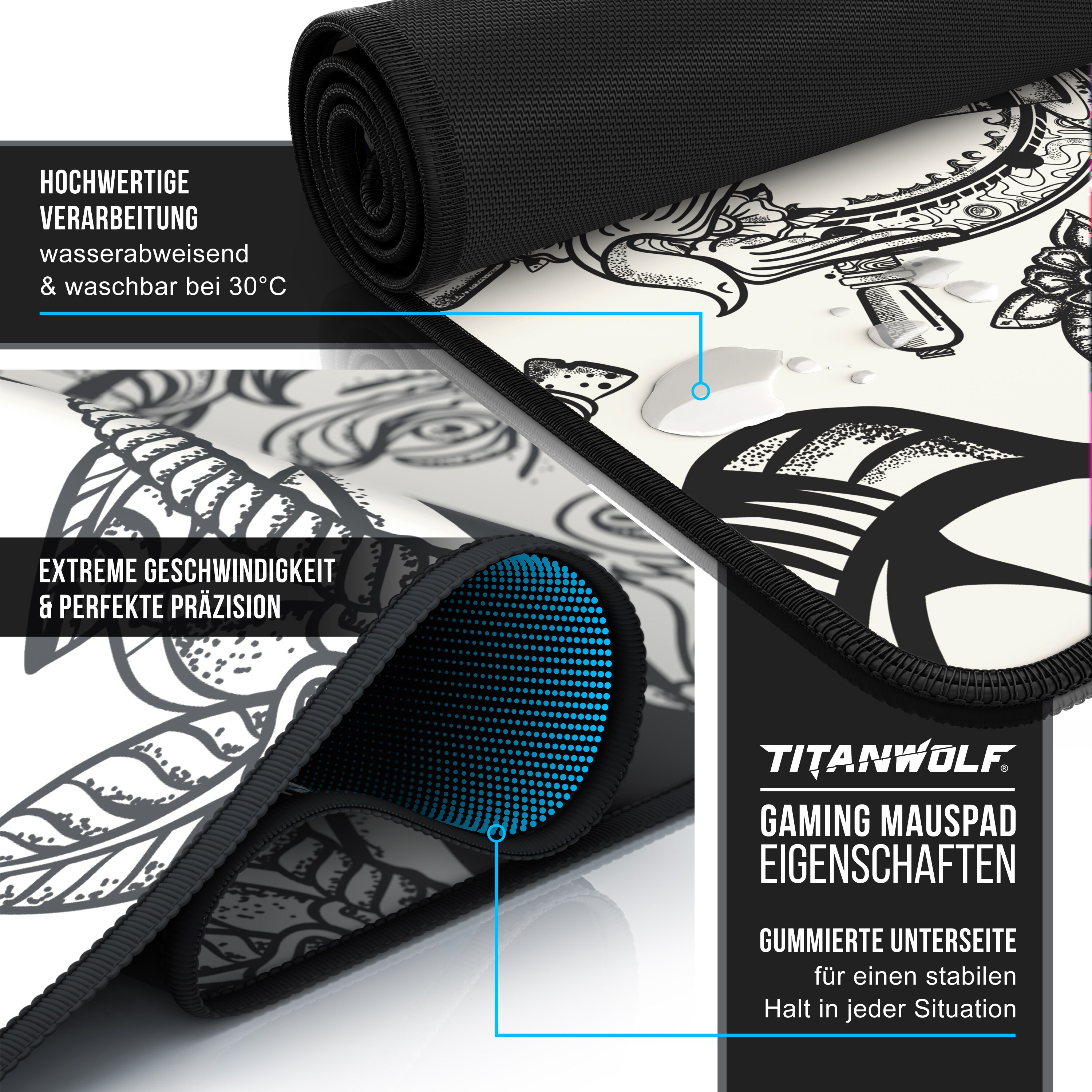 Titanwolf XXL Speed Gaming Mauspad Titanwolf Schwarz 900 x 400mm, XXL Mousepad, Tischunterlage Large Size, verbessert Präzision und Geschwindigkeit