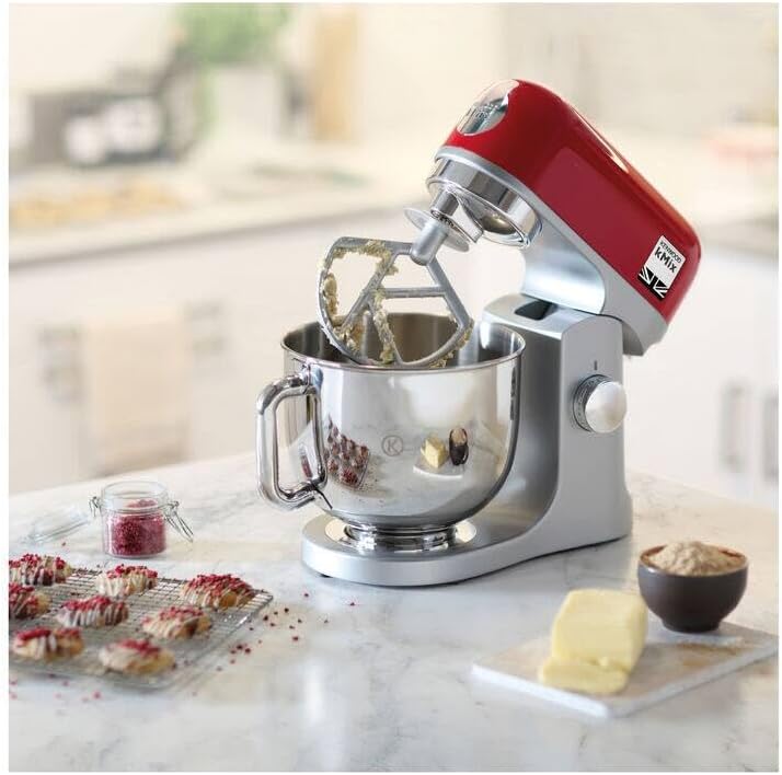 Kenwood kMix KMX750RD Küchenmaschine, 5 l Edelstahl Schüssel, Safe-Use-Sicherheitssystem, Metallgehäuse, 1000 Watt, inkl. 3-Teiligem Patisserie-Set und Spritzschutz, Rot