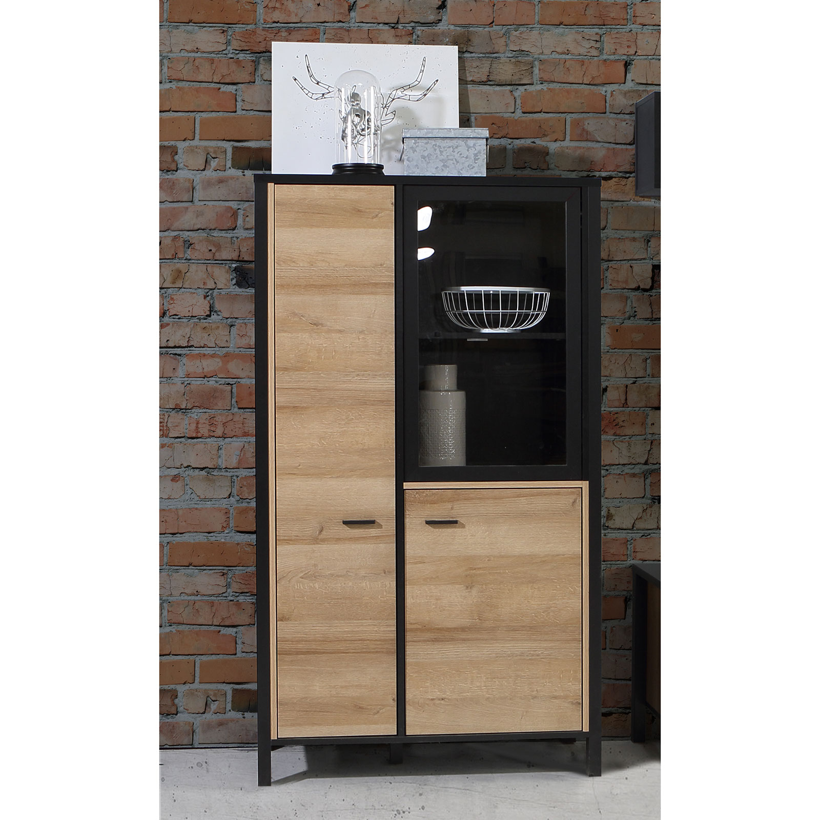 Highboardvitrine - Riveria Eiche - schwarz - 152 cm hoch