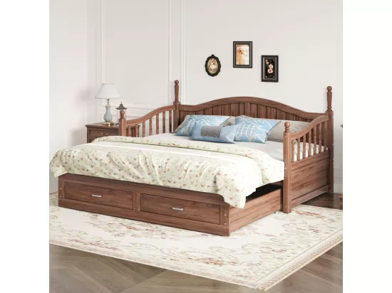 Canapé-lit pliant en bois massif 90/180x200 cm avec colonnes romaines et 2 tiroirs - Marron