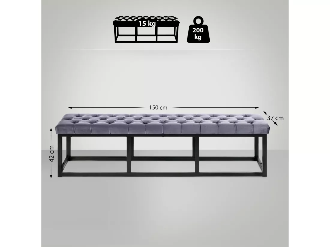 Banquette - Velours & Métal noir mat - Gris - Polson