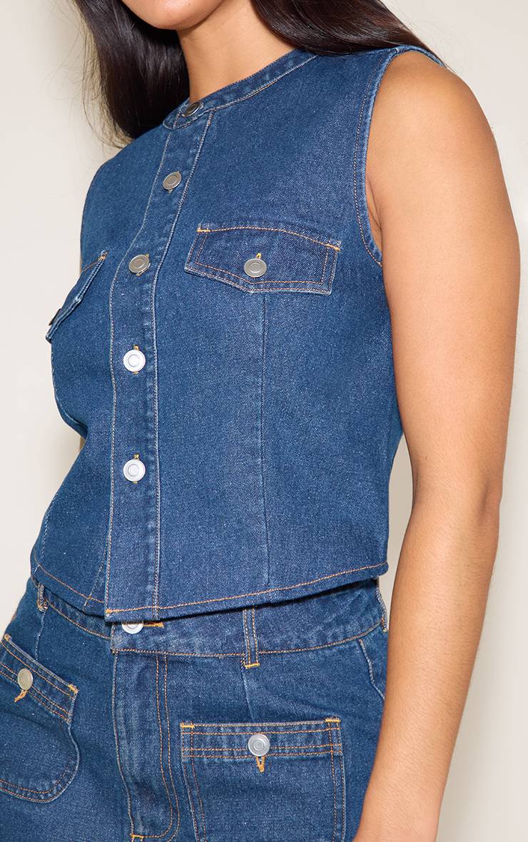 Bleu Indigo Gilet En Jean Col Rond Taille Cintrée