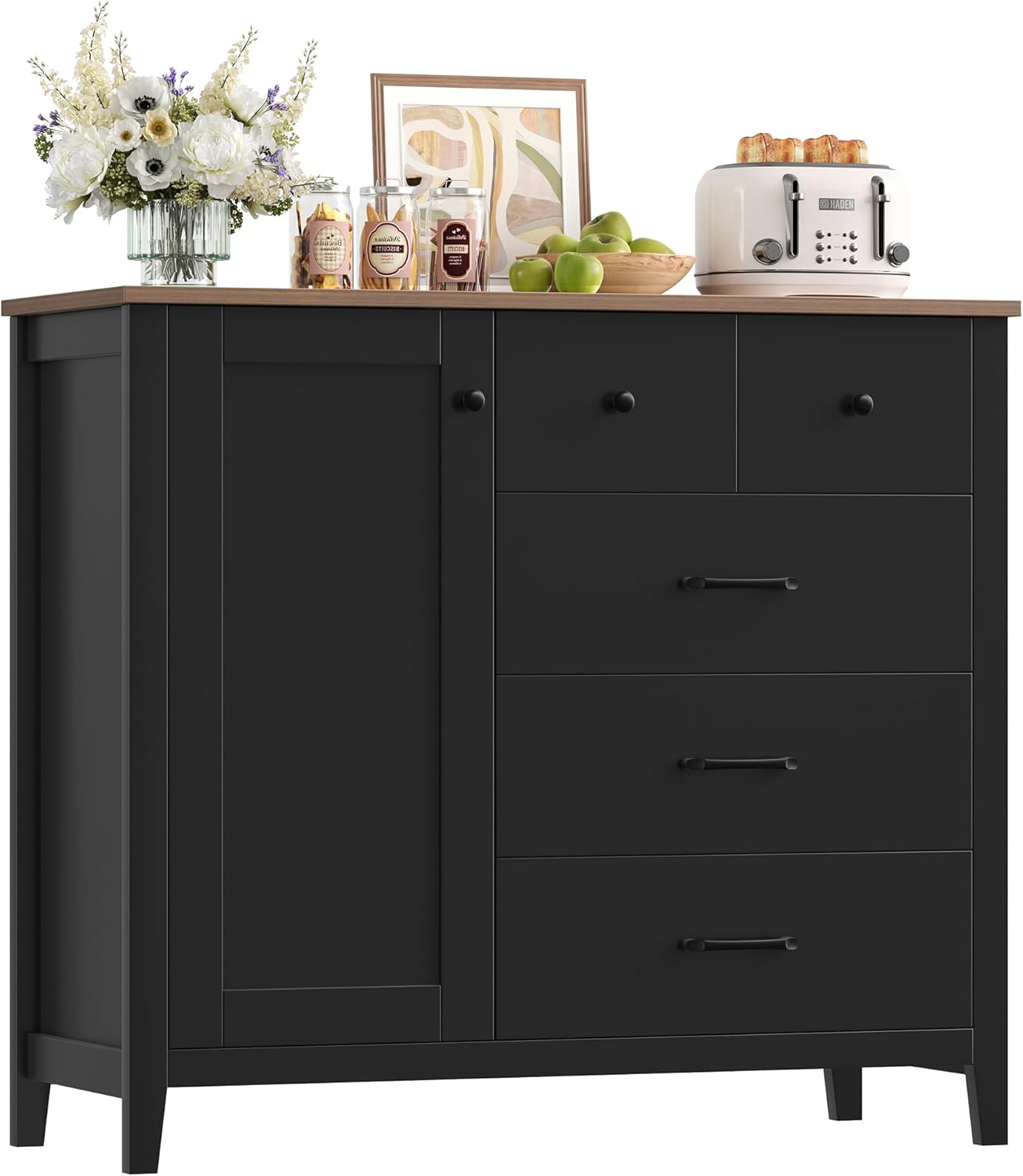 HOCSOK Sideboard, Küchenschrank mit 5 Schubladen und 1 Tür, Buffetschrank mit Arbeitsplatte für Küche, Esszimmer, Wohnzimmer, Flur, Holz, Schwarz & Braun