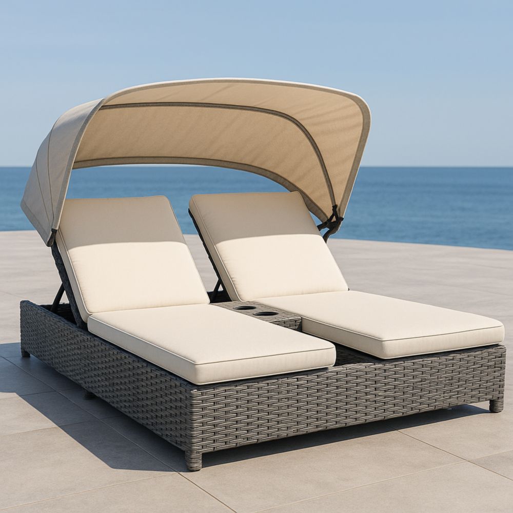 Doppel-Sonnenliege Rattan Beige/Grau Verstellbar mit Sonnendach und Kissen