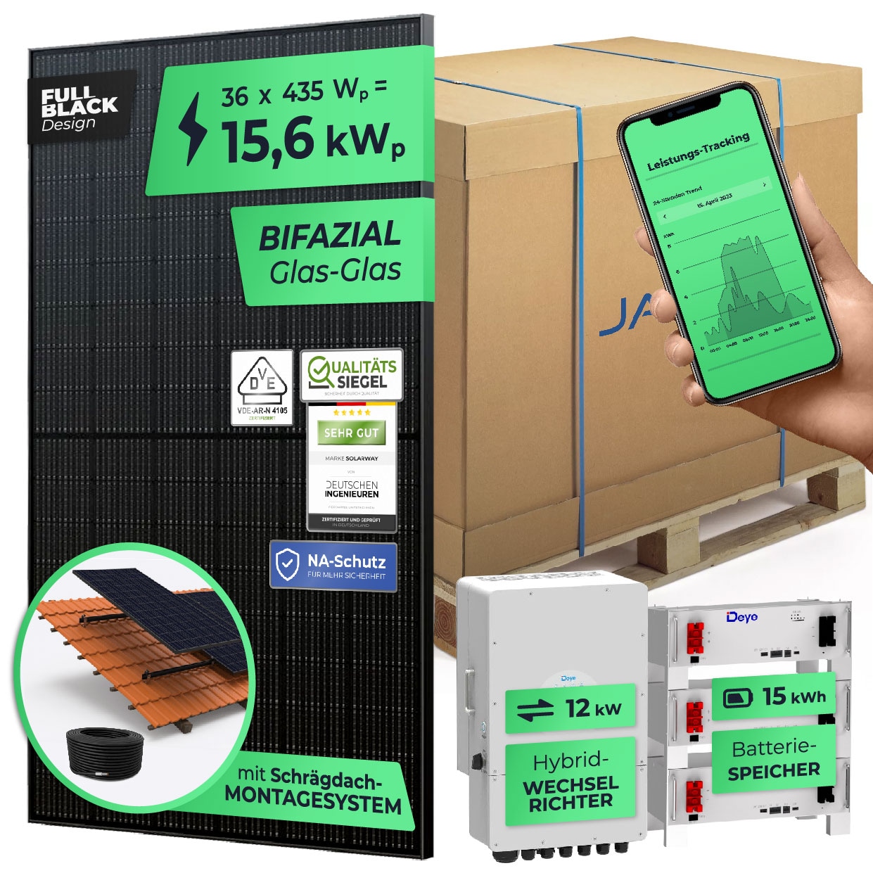 SOLARWAY 15,6kW Solaranlage mit Speicher | Deye 12 kW | Bifazial inkl. Montagesystem, App & WiFi