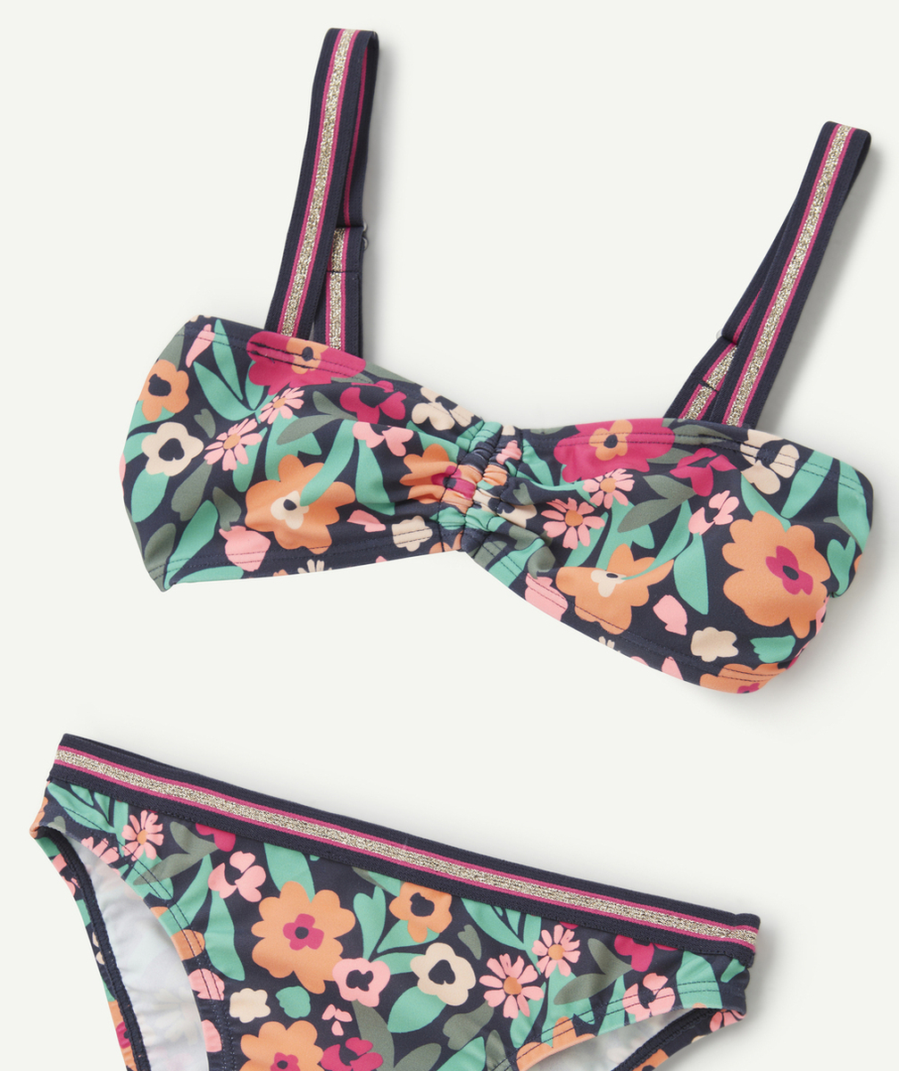 MAILLOT DE BAIN 2 PIÈCES FILLE EN FIBRES RECYCLÉES BLEU IMPRIMÉ FLEURI