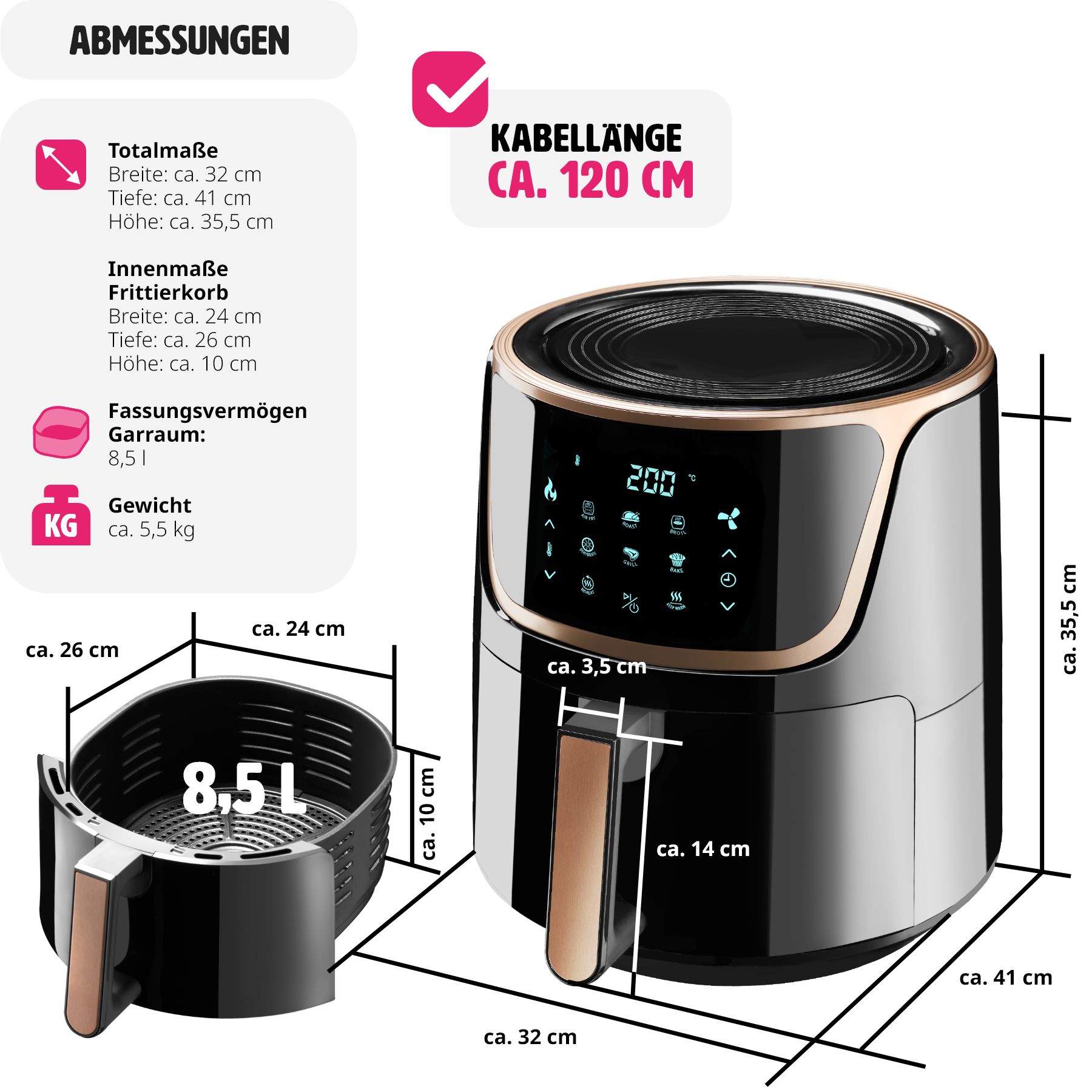 tectake® Heißluftfritteuse, 8,5 l, 1800 W, Timer und Temperatursteuerung, SGS-Zertifikat, inklusive Rezeptheft