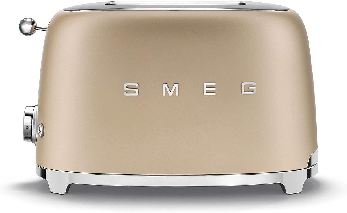 Smeg, 2x2 TSF01CHMEU -Toaster, 2 Schlitze für 2 Scheiben, 6 Vergoldungsniveaus, Heizfunktion, Abtau- und Bagel- Funktion, Sammelschublade, 950W, Matt Champagner