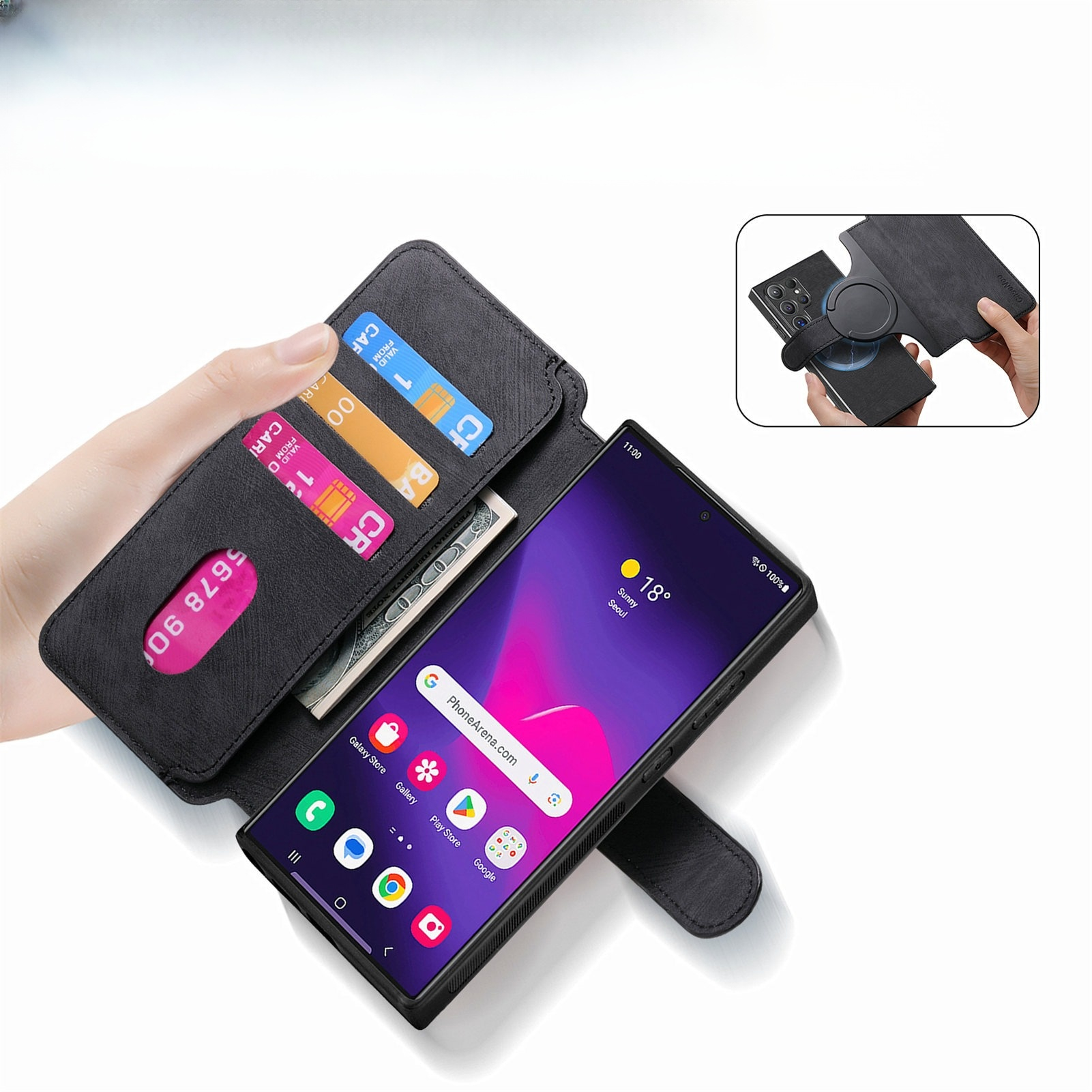 Samsung Galaxy S25 Ultra Leder Case Schutzhülle   Abnehmbare Tasche inkl. Kartenfächer MagSafe-Modul - Schwarz