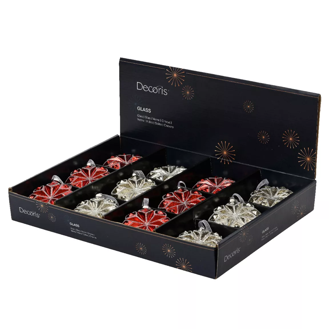 Lot de 12 fleurs de Noël en verre (D80 mm) Pralognan Rouge et argent