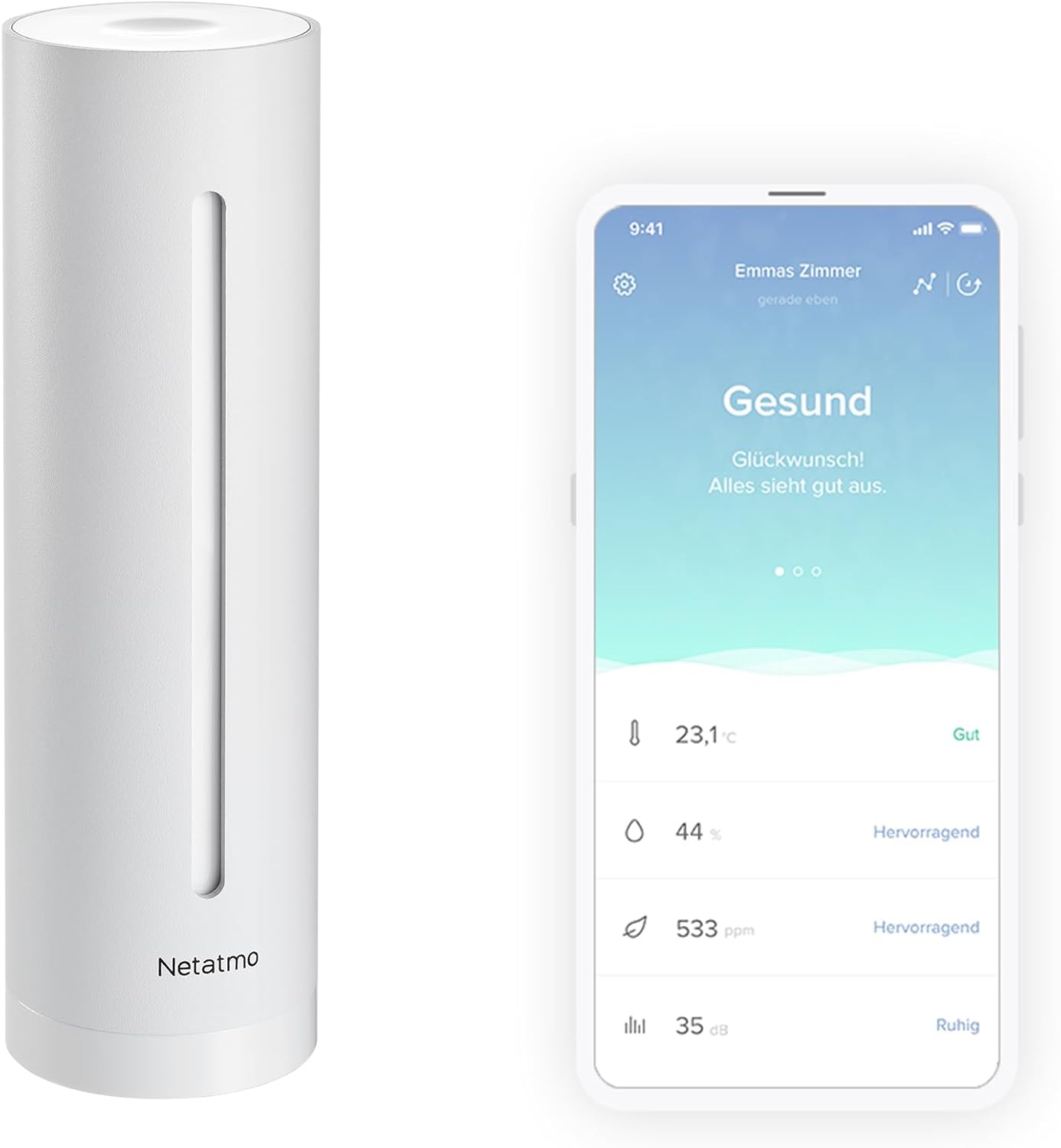 Netatmo Smarter Raumluftsensor für Innenräume, CO2-Sensor, Temperatur, Luftfeuchtigkeit, Geräusch - Haussteuerung, Gesundes Raumklima, Automatische Alarme - Weiß - Limitierte Auflage - NHC-EC