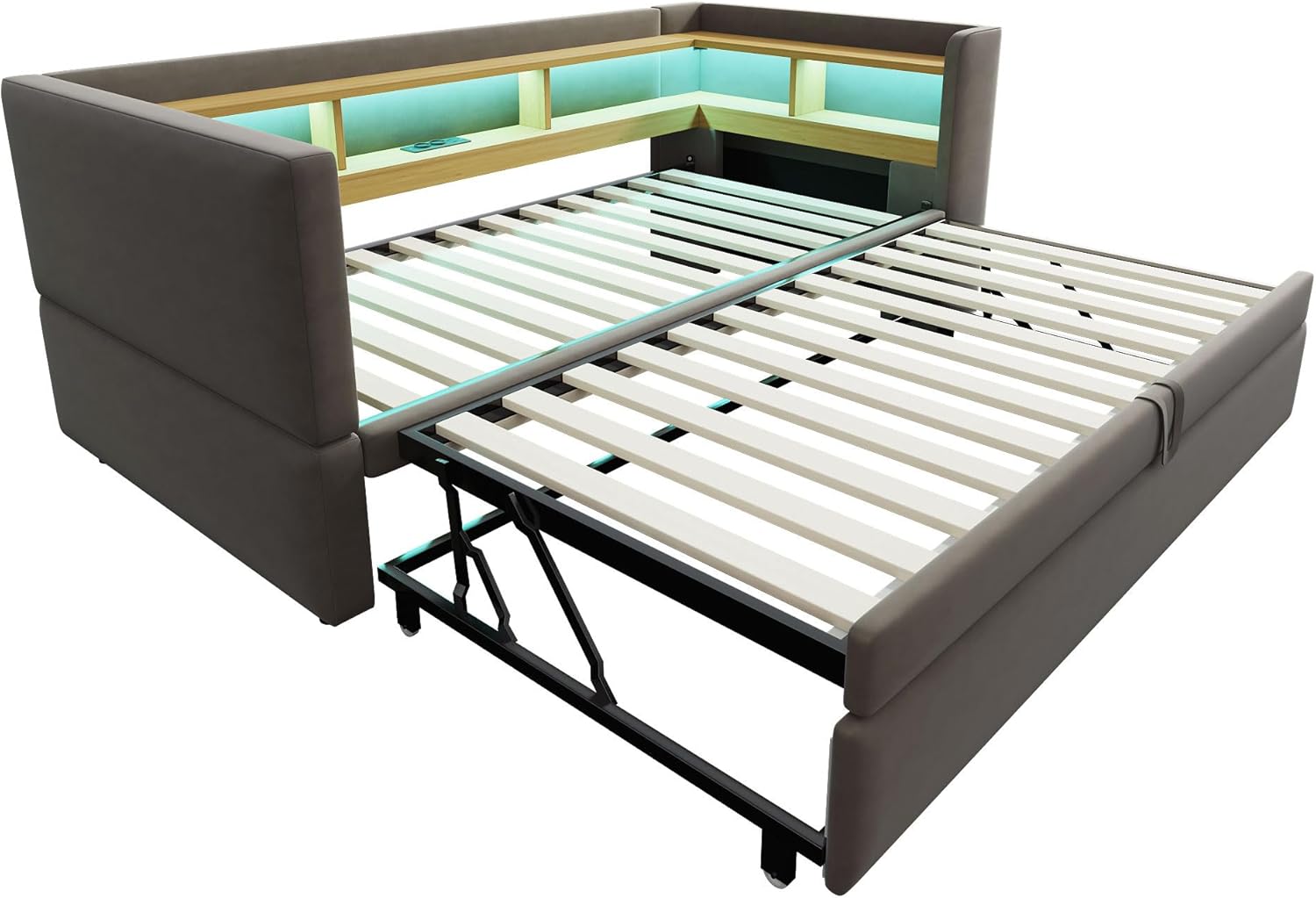 Polsterbett Ausziehbares Bett 90/180x190, Schlafsofa Bett mit LED-Beleuchtung, Ablagefächern & Ladestation,Tagesbett Funktionsbett Bettsofa Gästebett Jugendbett, Flannelette,Ohne Matratze (Dunkelgrau)