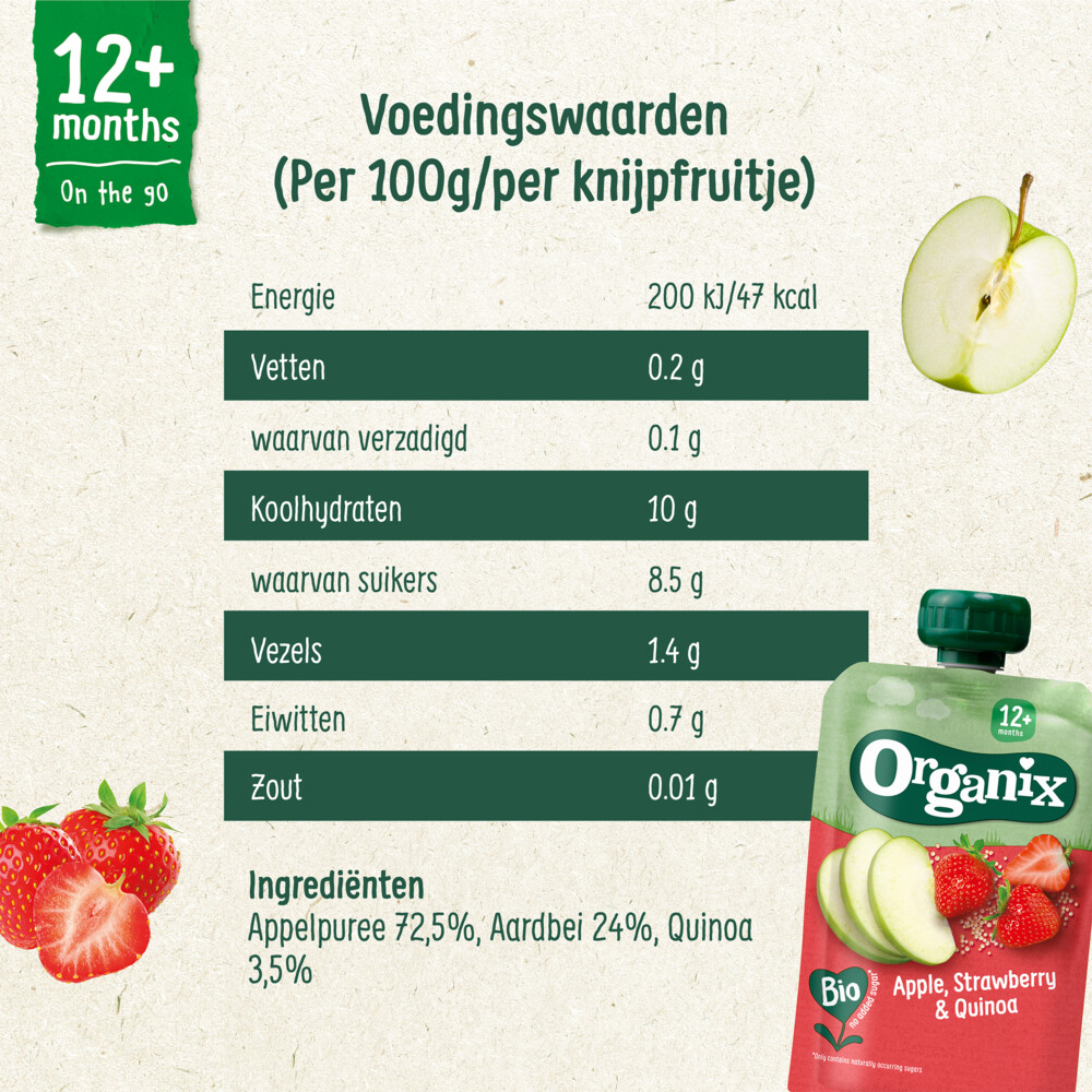 6x Organix Knijpfruit 12+m Appel Aardbei & Quinoa100 gr