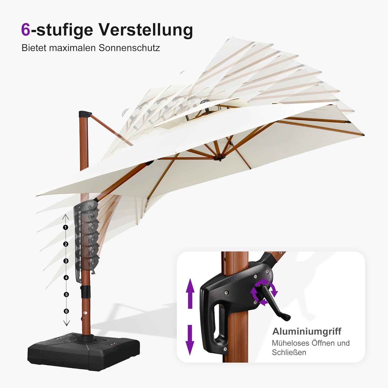 PURPLE LEAF Alu Ampelschirm Groß 270 x 270 cm Holzoptik Doppeldach Sonnenschirm mit schirmständer Gartenschirm mit Kurbel 360° Drehbar XXL, Sonnenschutz UV50+, Cream