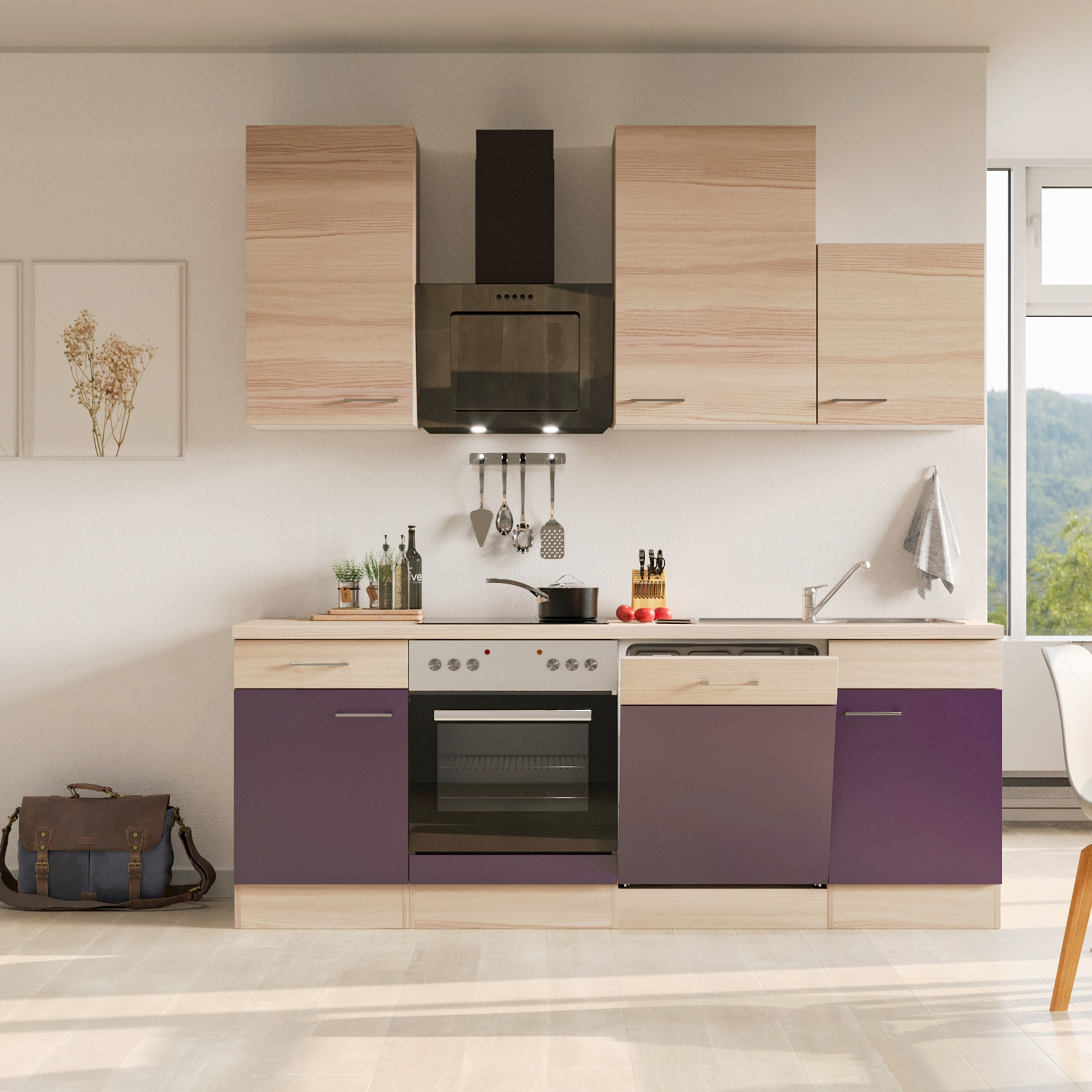 Küchenblock FOCUS - Akazie - aubergine - mit E-Geräten - 220 cm