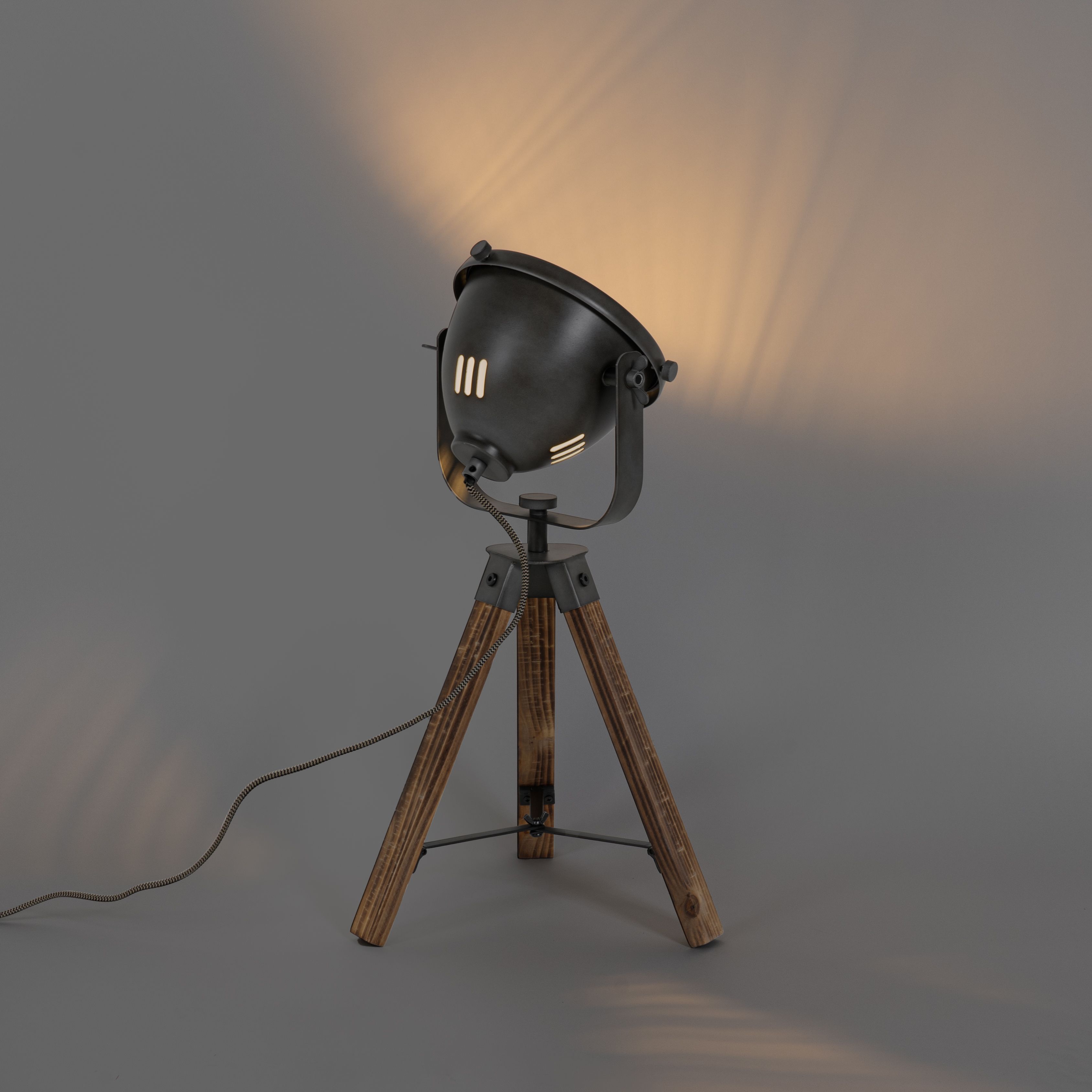 Industriële tafellamp tripod staal met hout kantelbaar - Emado
