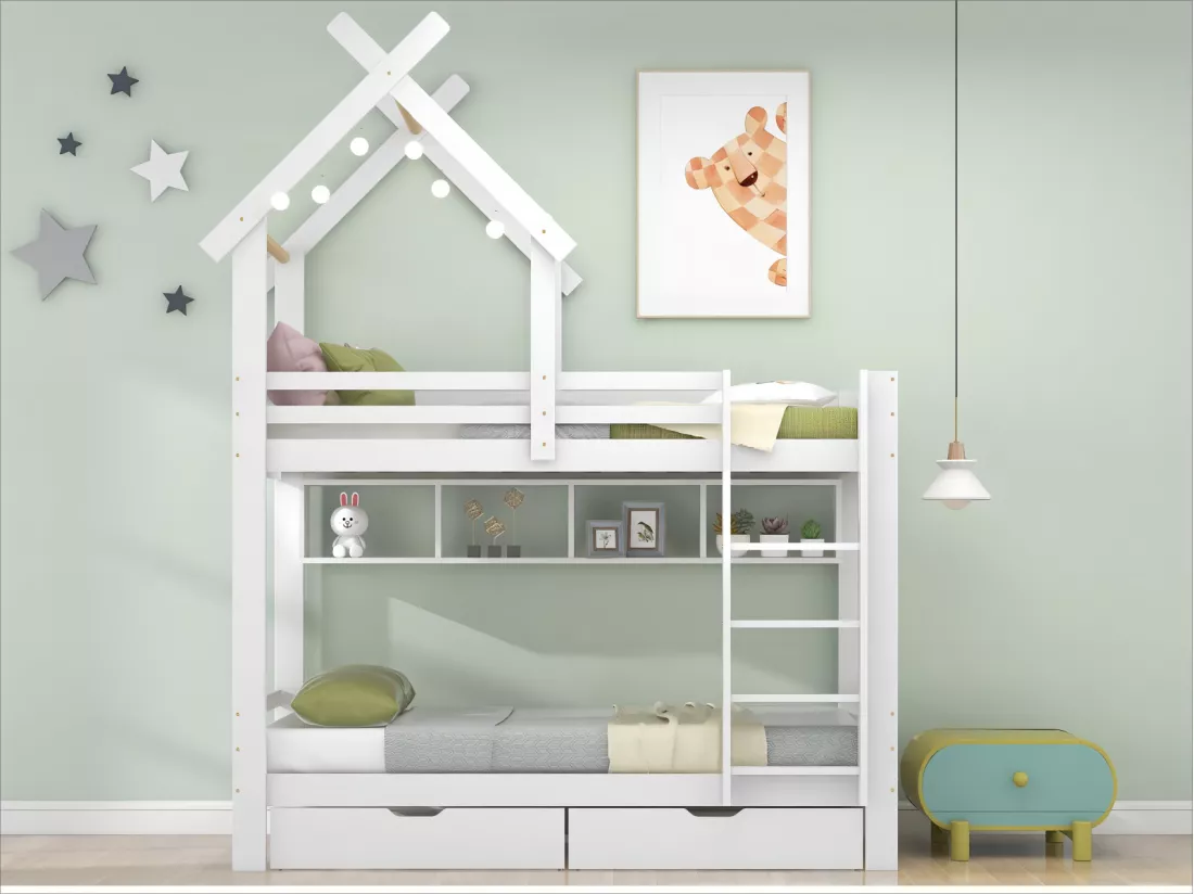 Lit superposé 2x90x200 cm avec tiroirs et étagères, cadre en pin, sommier inclus, blanc