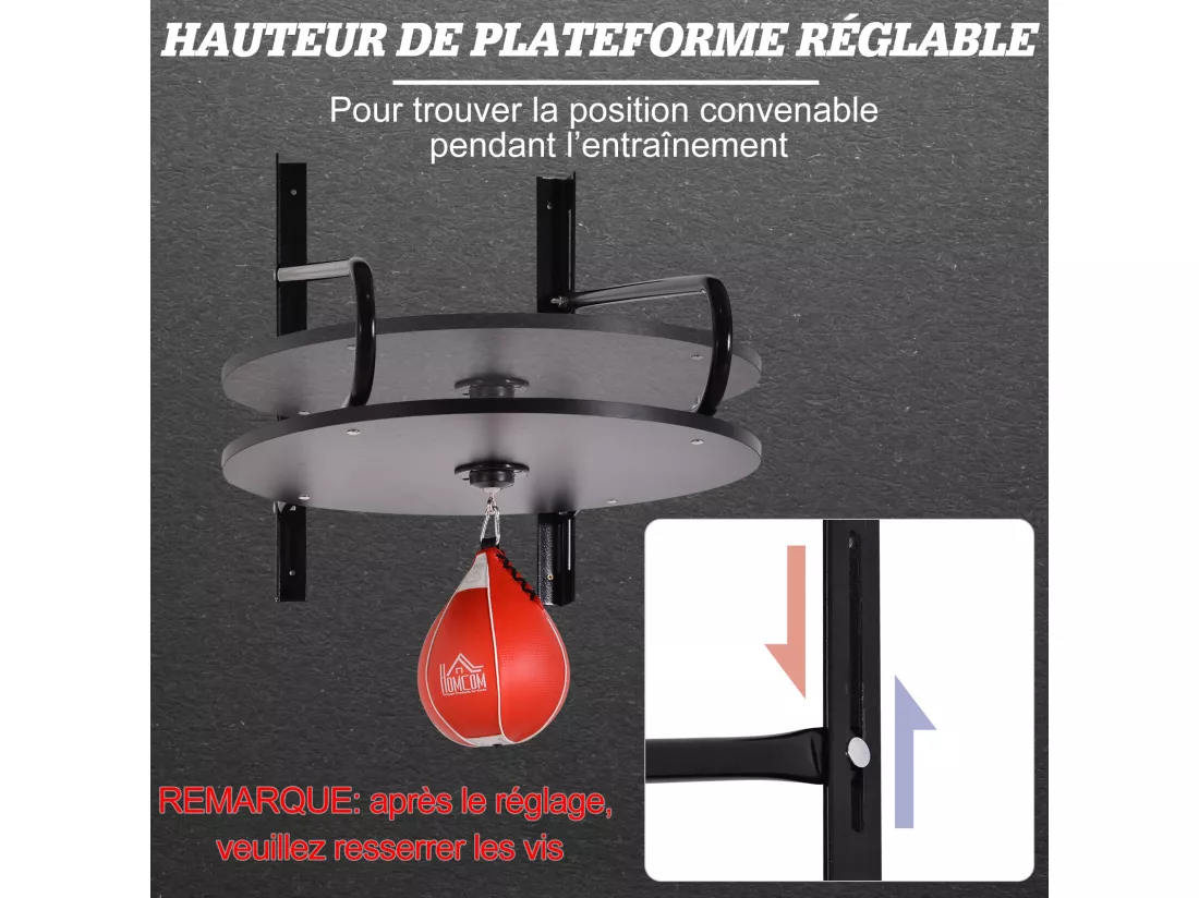 Punching ball poire de vitesse boxe avec support plateau tournant + pompe MDF acier revêtement synthétique rouge noir