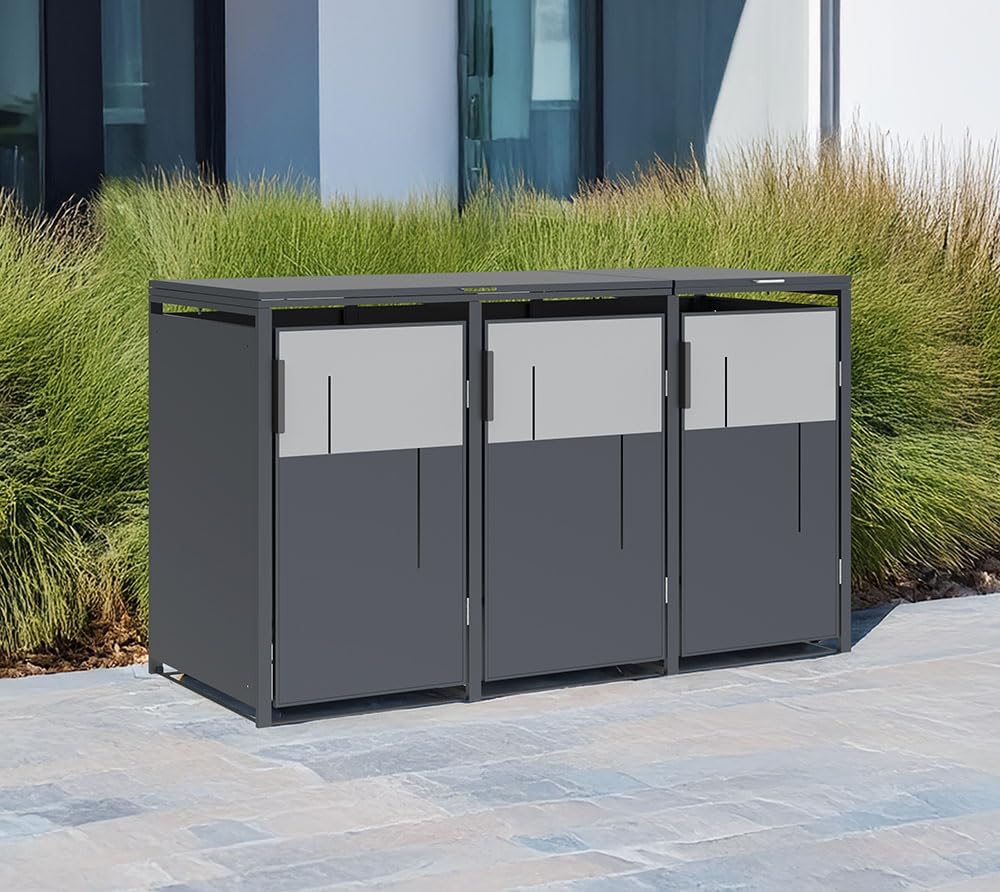 Westmann Tonus 3 | Mülltonnenbox 3er aus Metall | 3x240 L | verzinkt & pulverbeschichtet | mit Gasdruckfedern & Magnetverschluss | Anthrazit