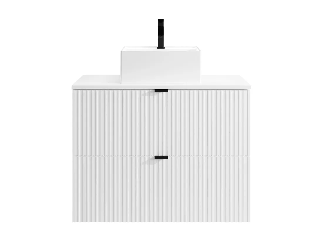 Meuble de salle de bain suspendu strié avec vasque carrée à poser - Blanc mat - 80 cm - ZEVINI