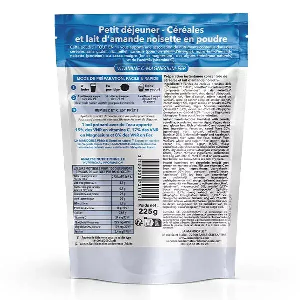 Cereal de pequeno-almoço La Mandorle Super Breakfast com leite de amêndoa e avelã orgânico, embalagem Doypack 225g
