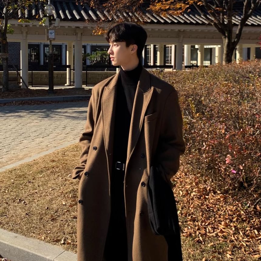 DragonRoad - Peak Lapel Plain Midi Double Breasted Coat