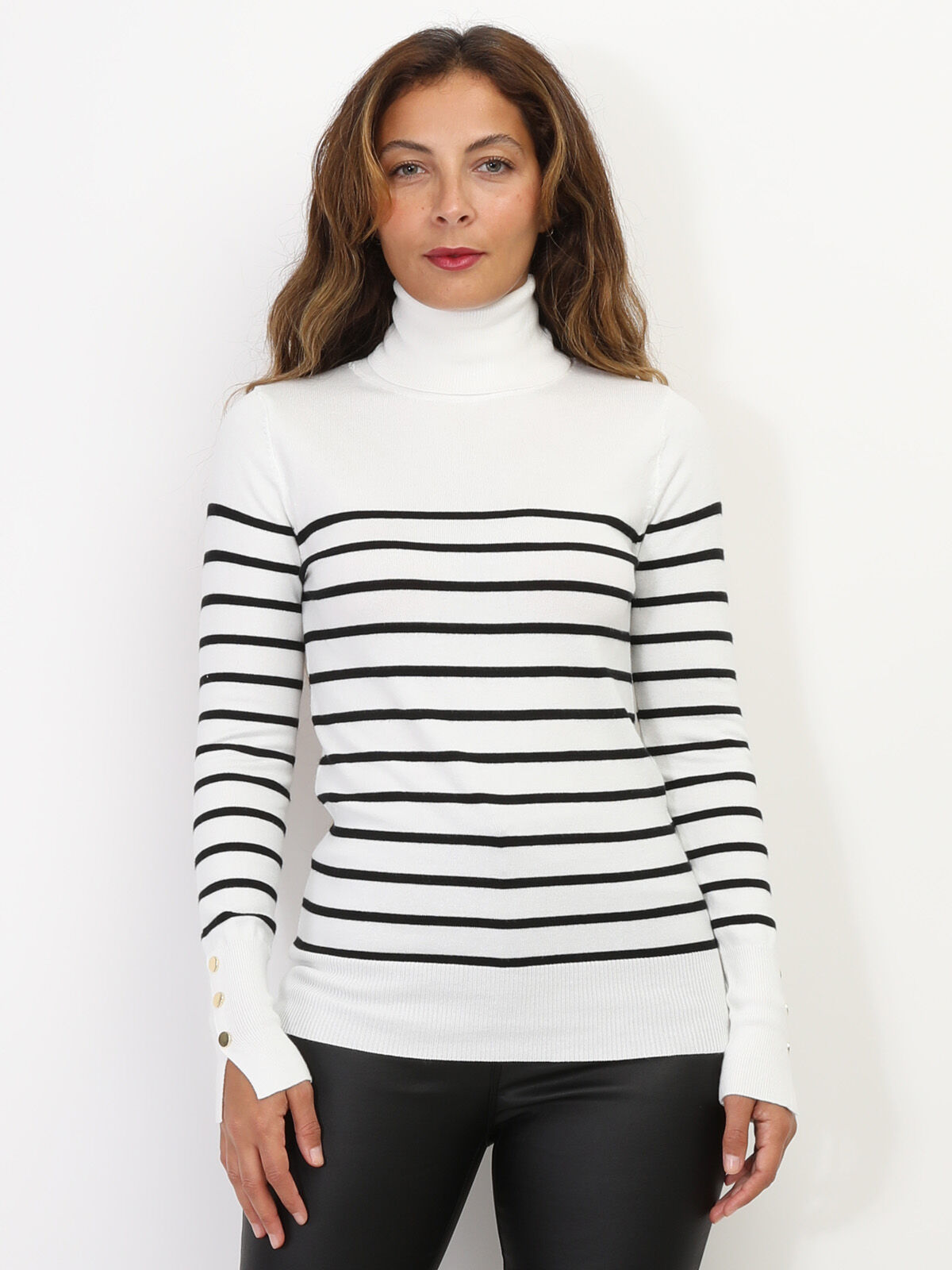 Pull marinière à col roulé- Blanc