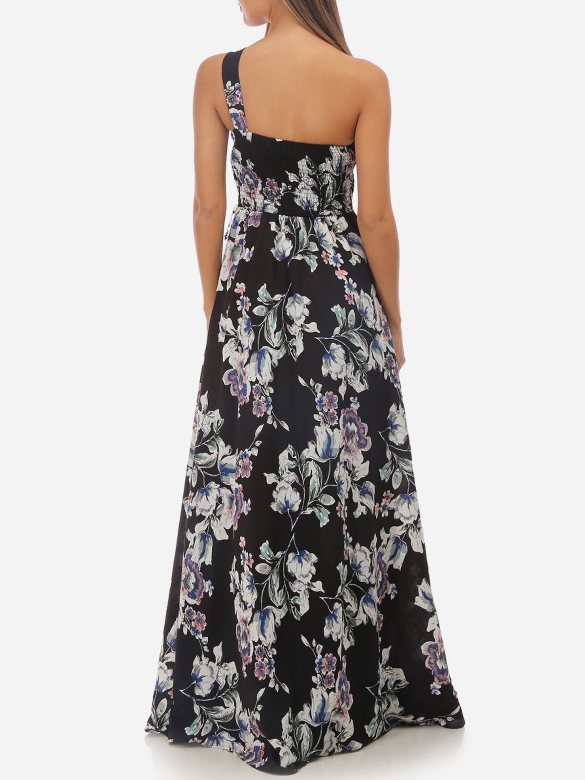 Robe longue asymétrique fleurie- Noir