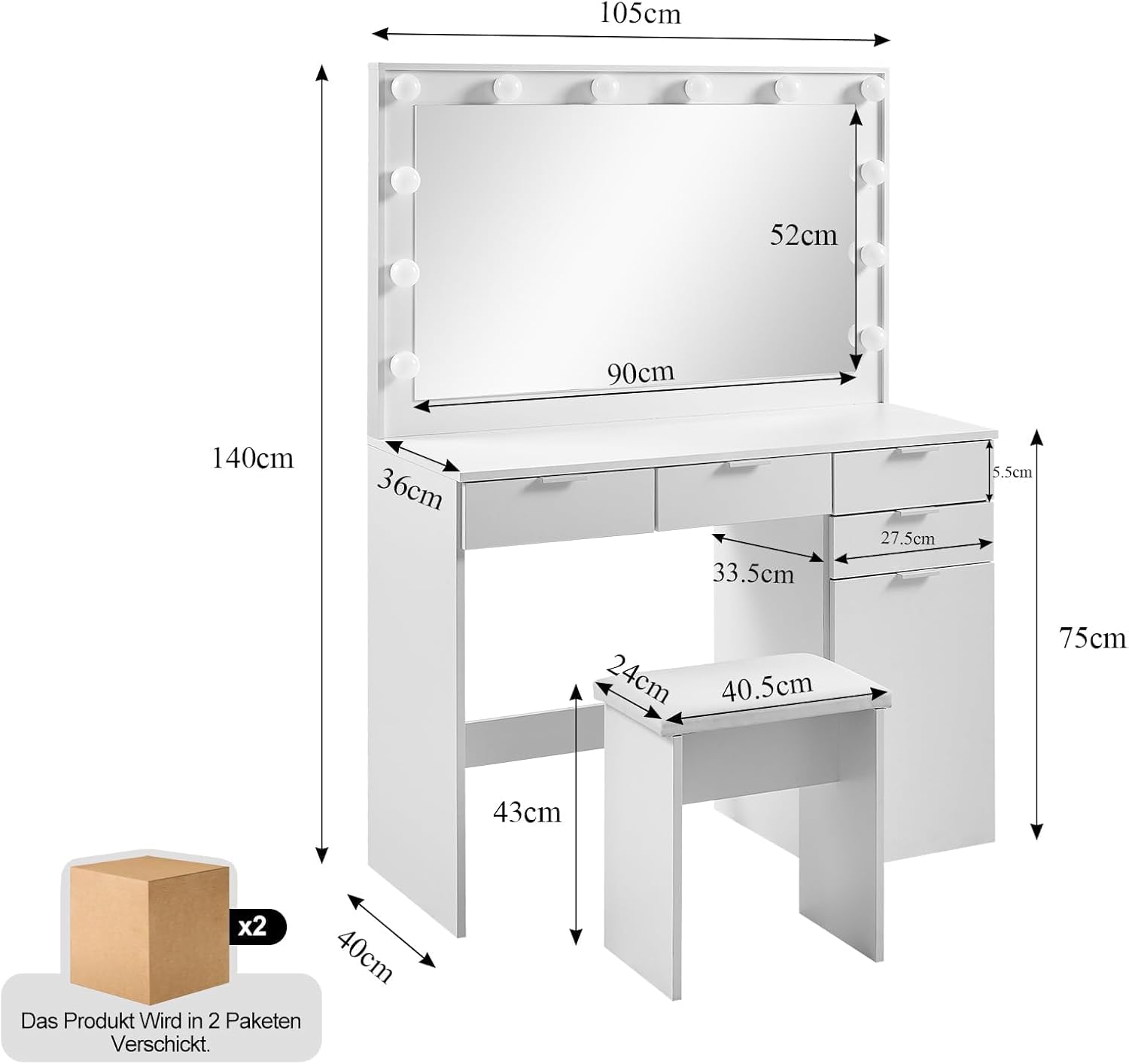CLIPOP Große Schminktisch mit LED-Beleuchtung und Spiegel, Vanity Table, Kosmetiktisch mit 4 Schubladen und Kabinett, Frisiertisch mit Hocker für das Schlafzimmer, Weiß
