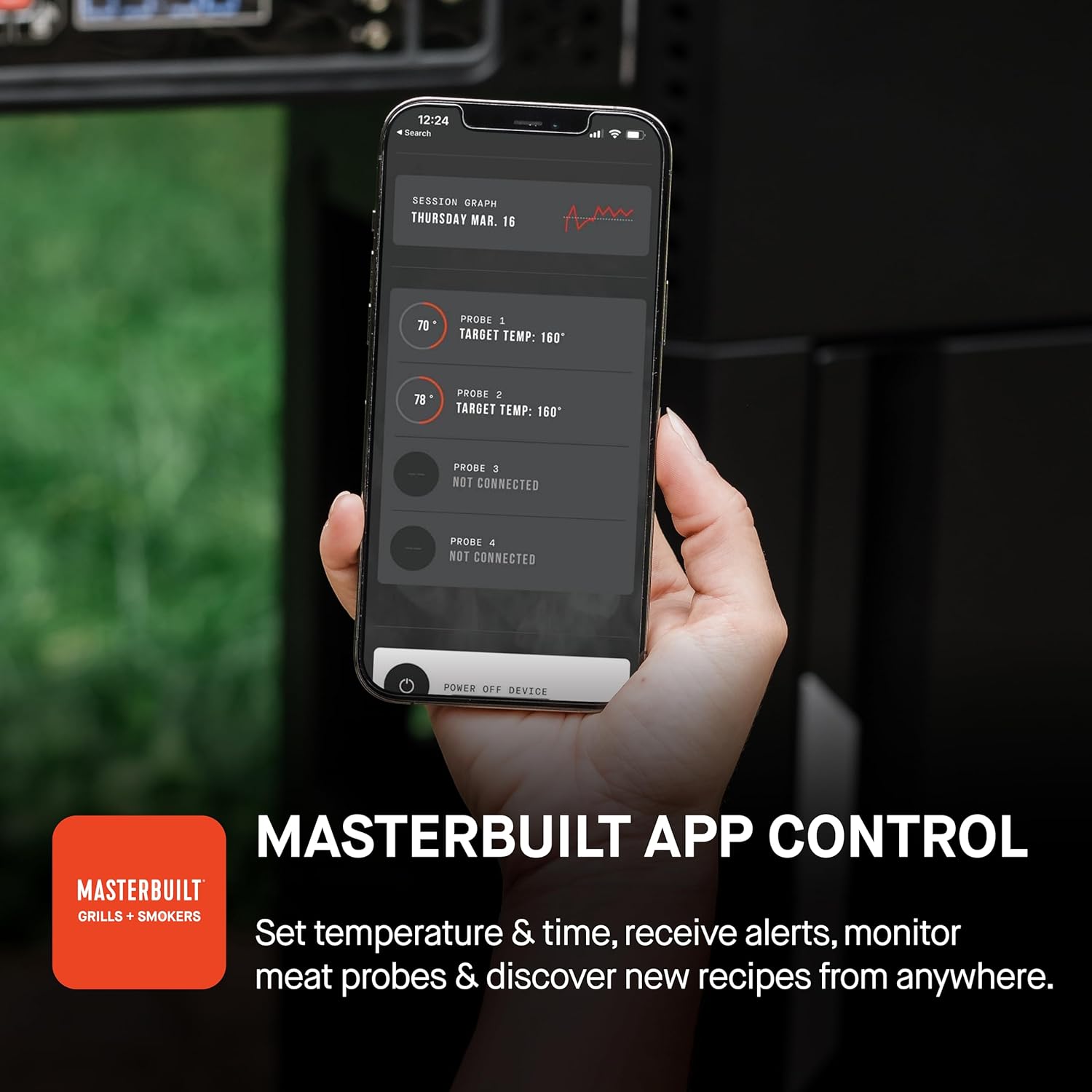 Meisterbuilt AutoIgnite 545 Digitaler Holzkohlegrill und Räucherofen mit digitaler Steuerung, App-Konnektivität, Anbratplatte, Mini-Trichter und 545 Koch-Quadratzoll in Schwarz, Modell MB20042724
