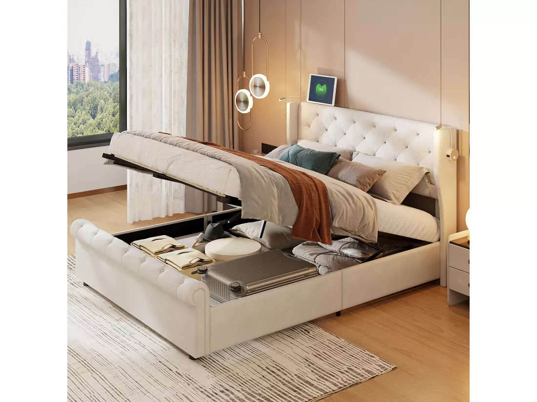 Lit coffre 140x190cm avec rangements, avec tête de lit, liseuse avec chargement USB, sommier à lattes, cadre de lit, lit double style contemporain, Beige