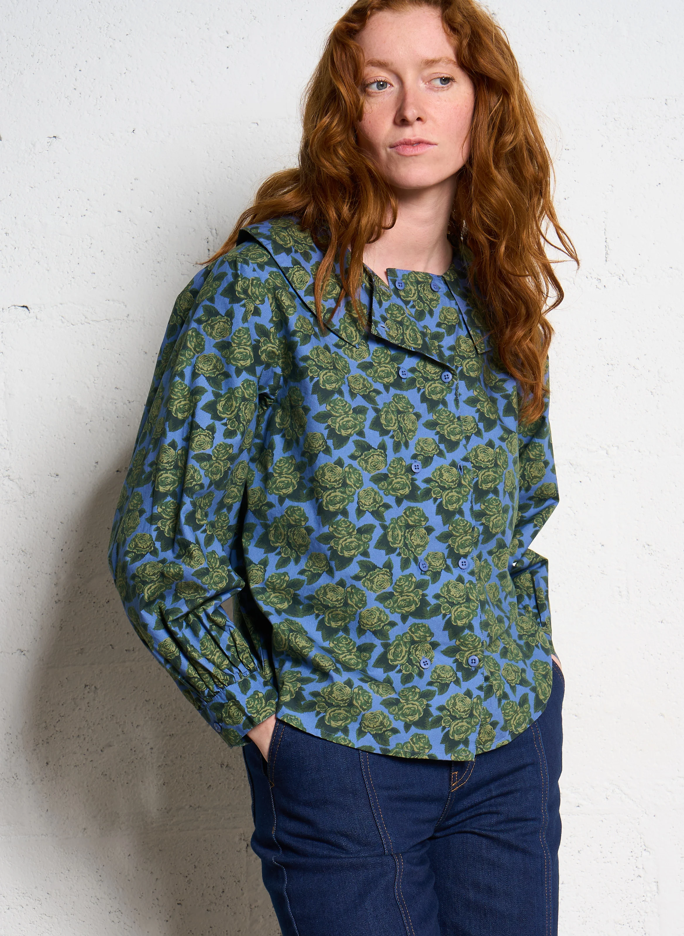 Blouse boutonnée en coton | Bleu