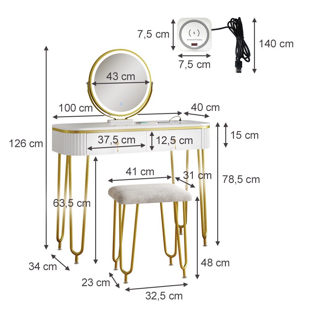 Vicco Schminktisch Grace Weiß 100 cm LED-Spiegel QI-Ladestation Hocker