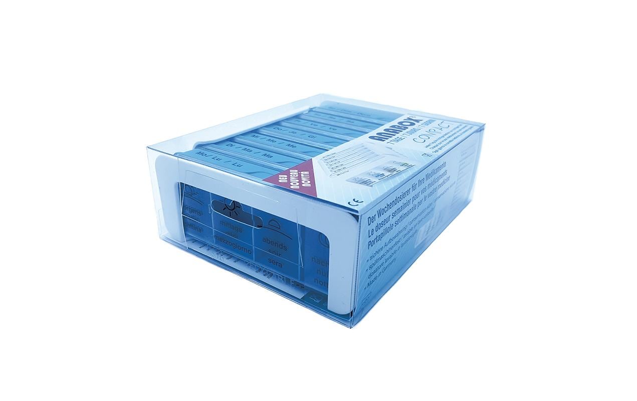 Wochenpillenspender Medidispenser COMPACT hellblau DE/FR/ITMedikamentenbox mit kompakten Abmessungen