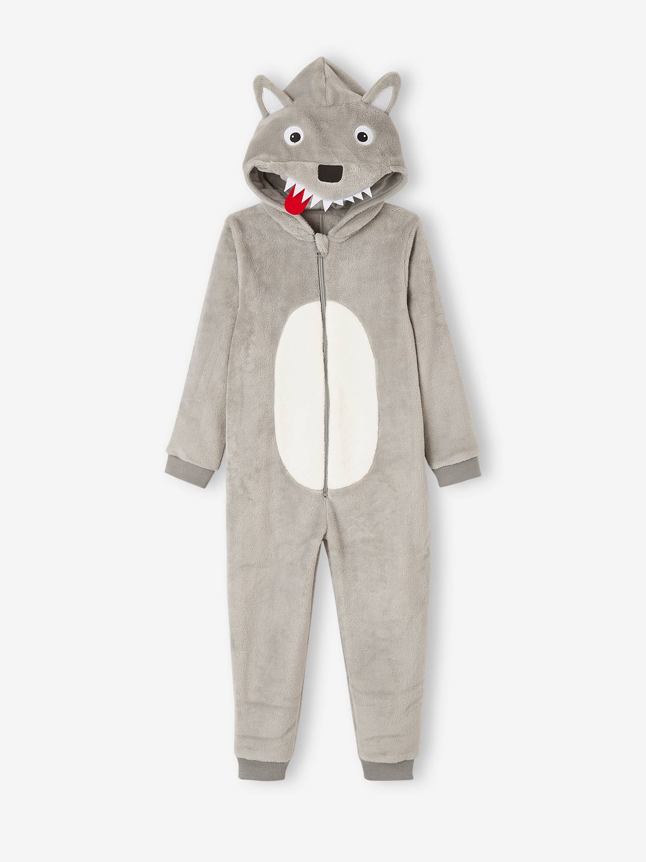 Pijama macacão de lobo para meninos, cinza claro liso com estampas.