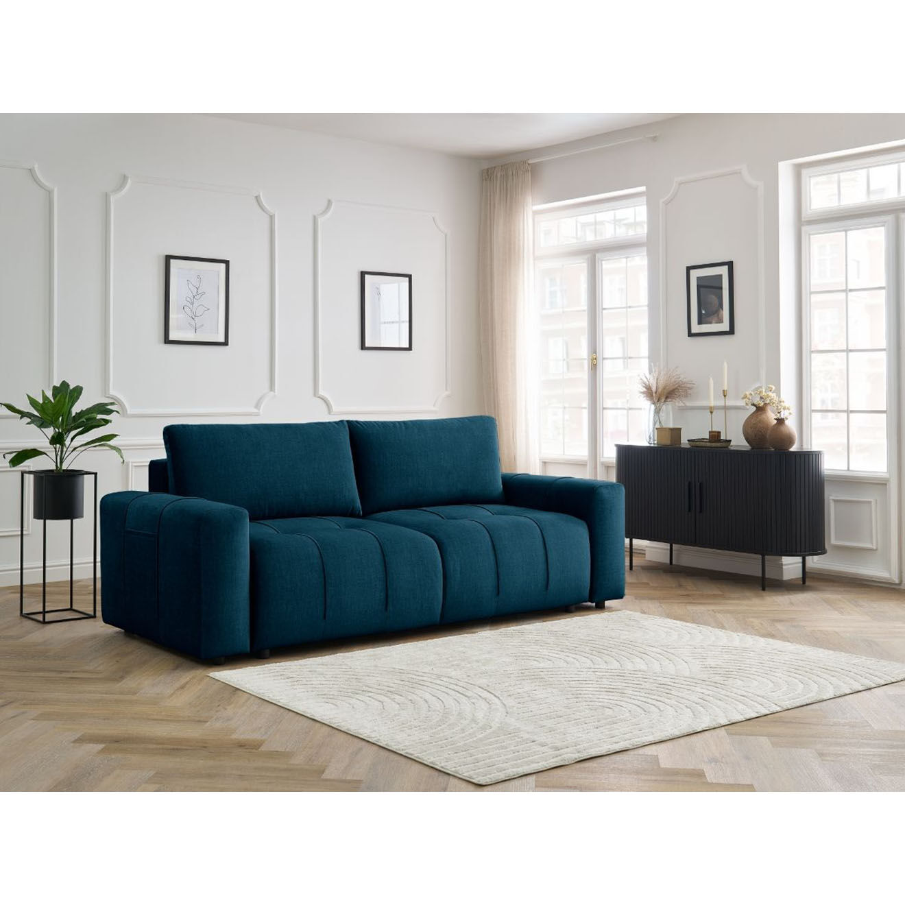 Bobochic Canapé droit convertible en Velours 3 places Arsène avec coffre bleu - 248x105x90 cm