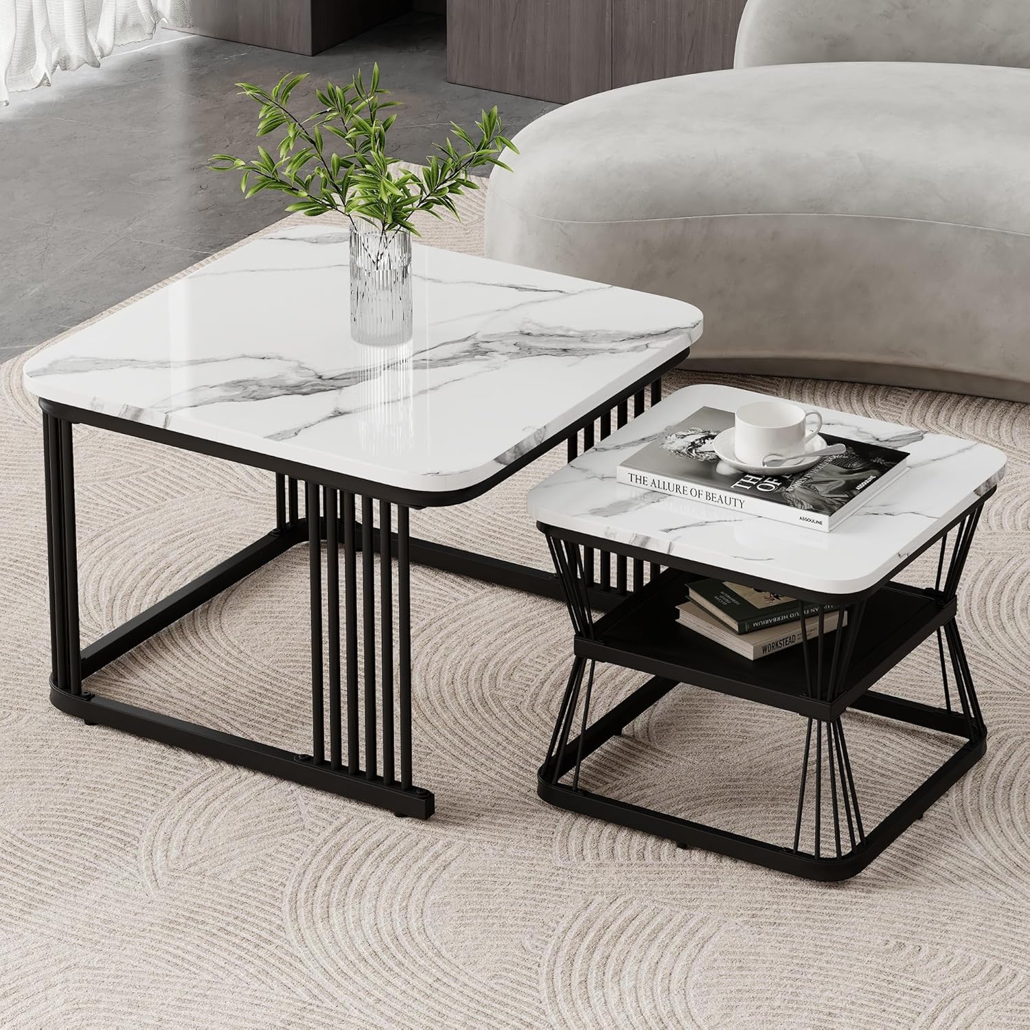 Merax Quadratisch Couchtisch 2er Set, Moderne Wohnzimmertisch mit Marmoroptik, Hochglänzend Satztisch mit Stauraum, für Wohnzimmer, Balkon und Büro, Metallgestell, Weiß und Schwarz